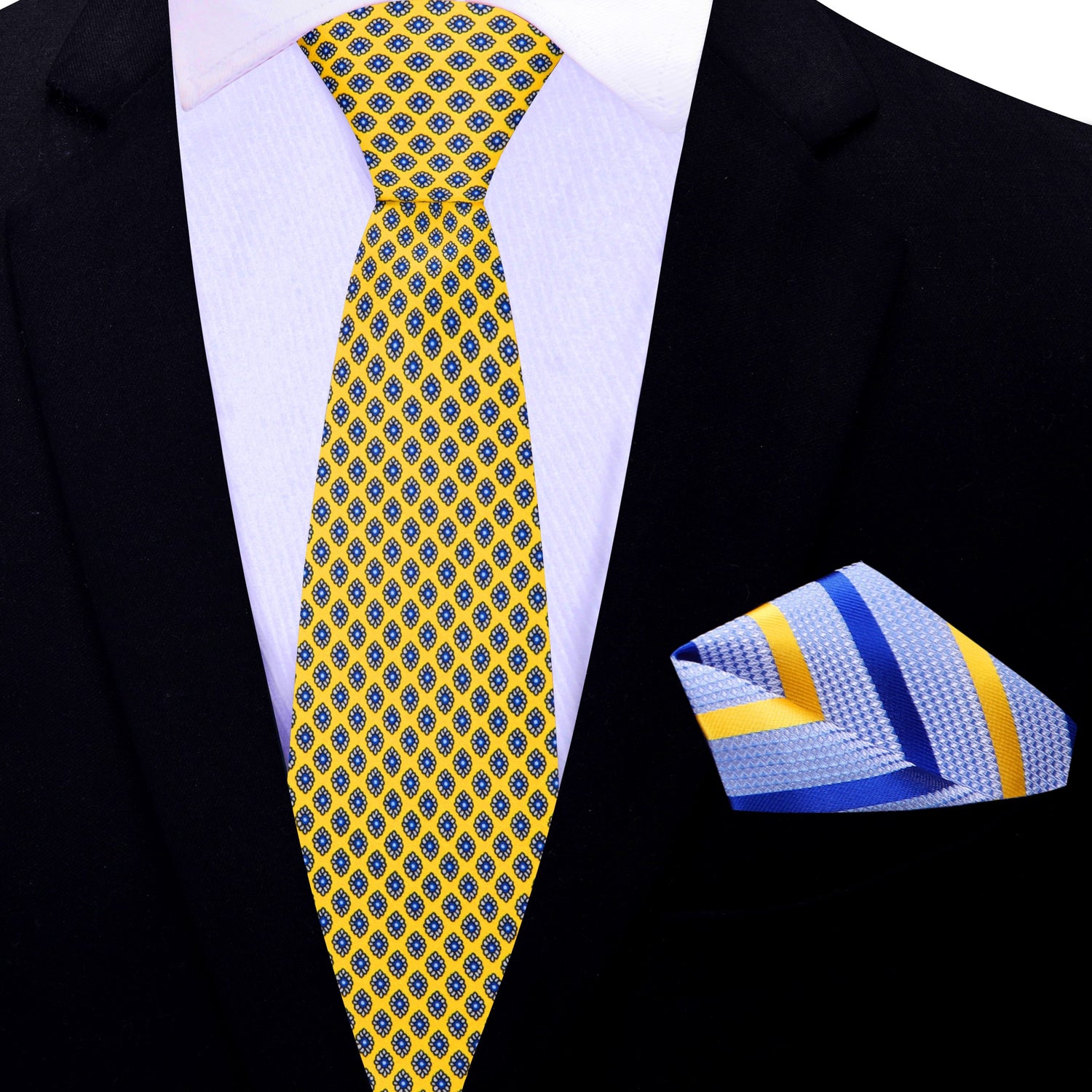 Thin Tie: Rich Yellow, Black, Blue Small Medallions Necktie and Light Blue, Blue, Yellow Stripe Square