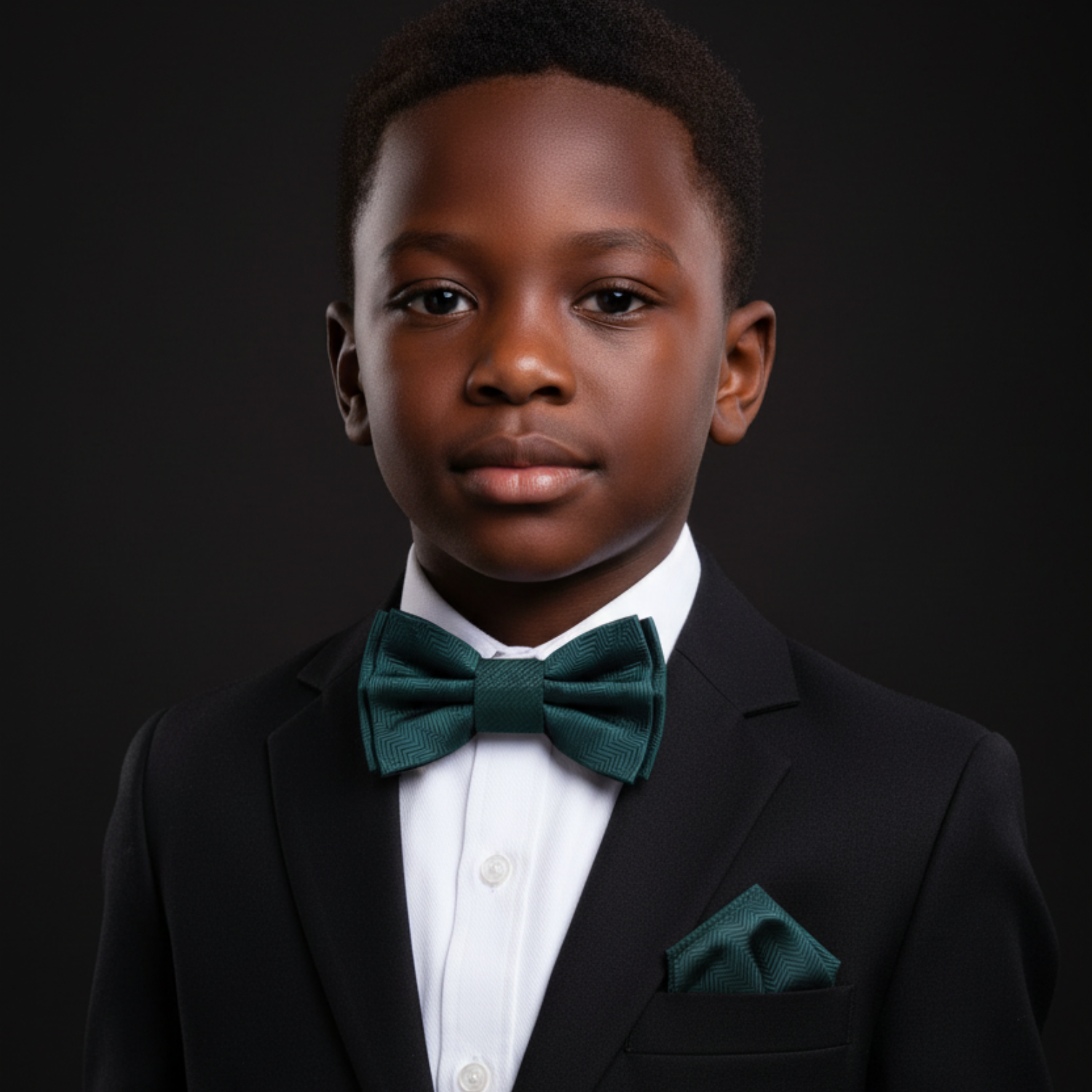 Young boy in a formal black suit with a green bow tie and pocket square on a dark background