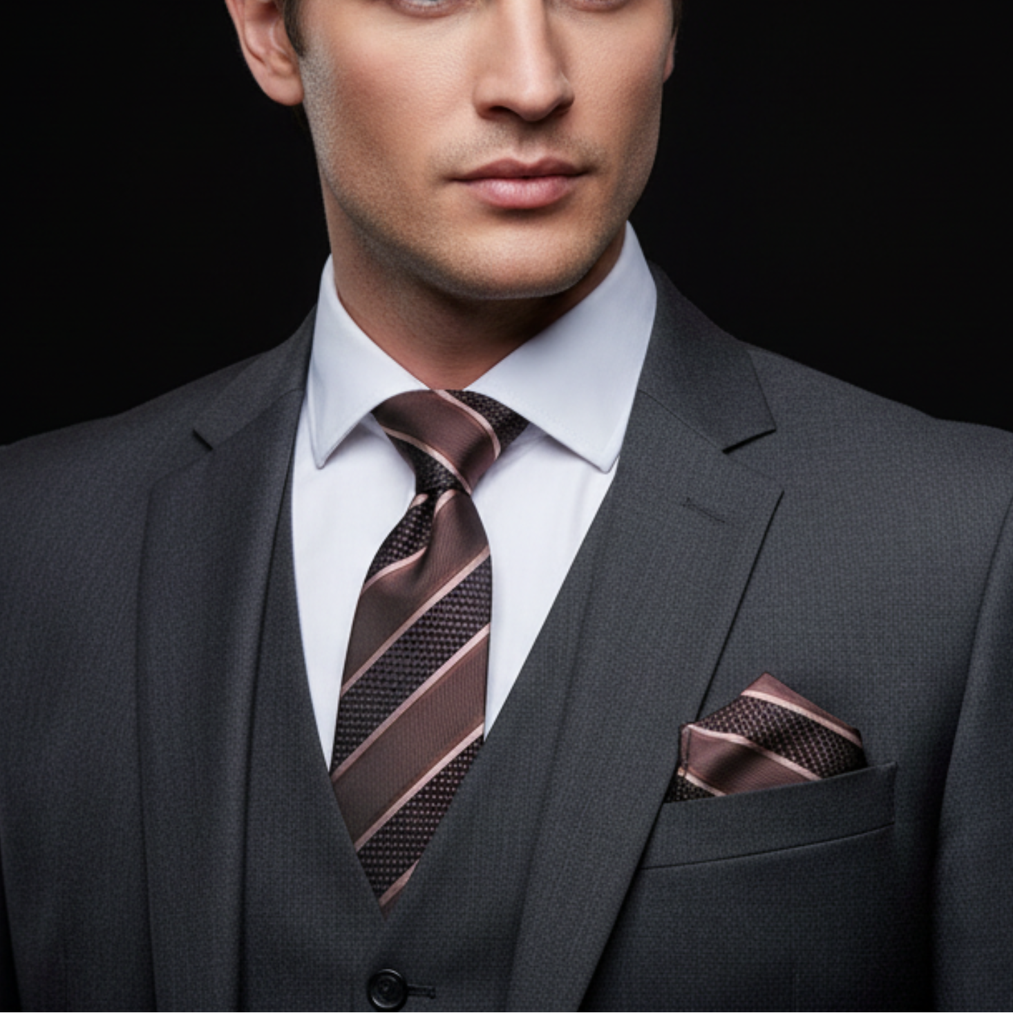 Man wearing a gray suit with a brown striped tie and pocket square on a black background