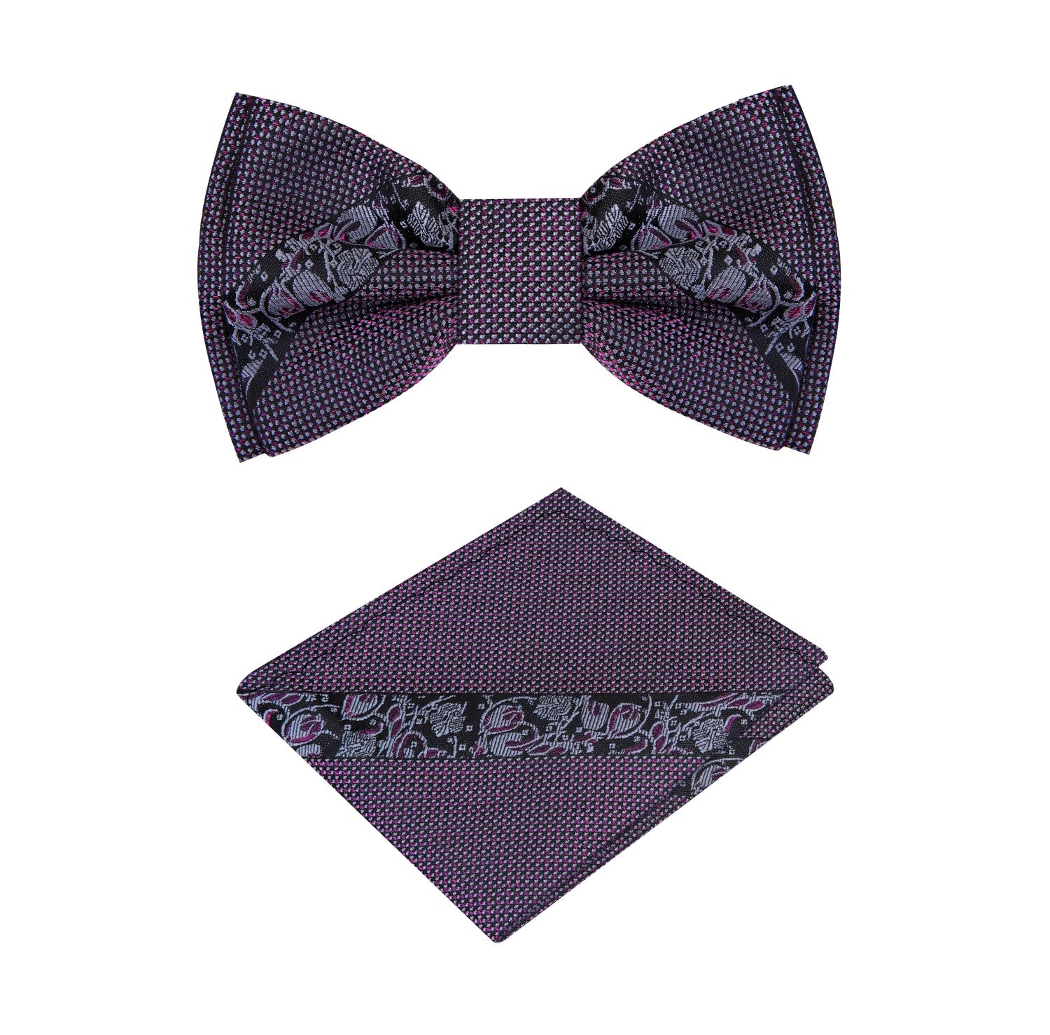 A Metallic Purple, Black Color With Intricate Floral Pattern Silk Kids Pre-Tied Bow Tie, Matching Pocket Square