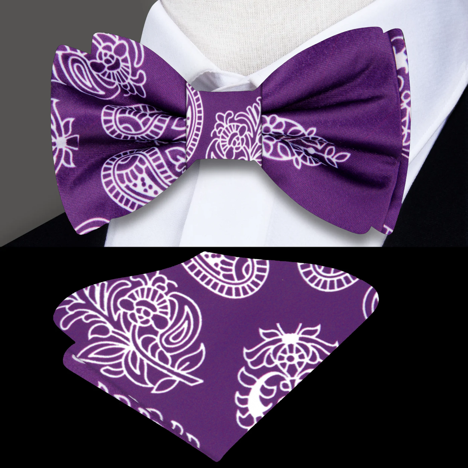 Purple, White Paisley Bow Tie and Pocket Square