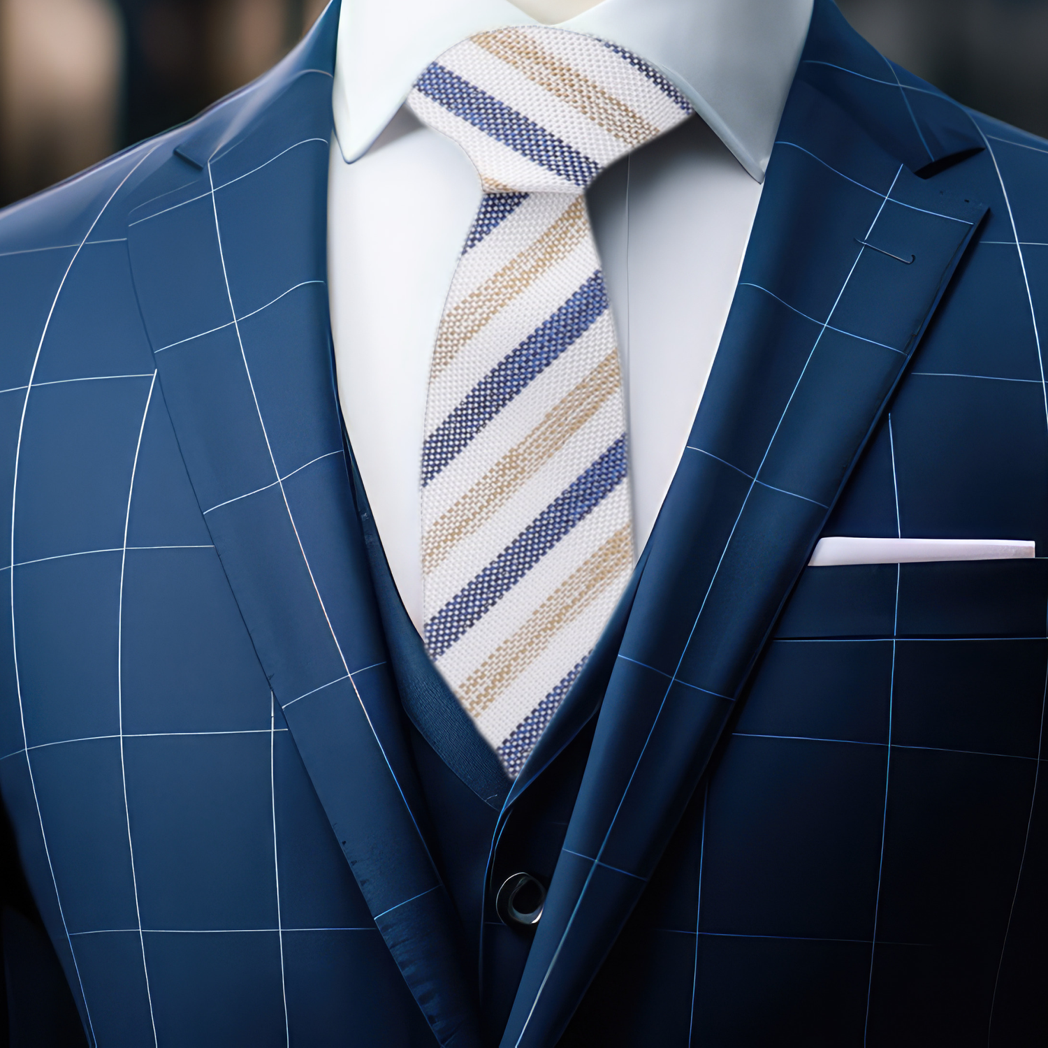 White Blue Brown Tie on Blue Suit