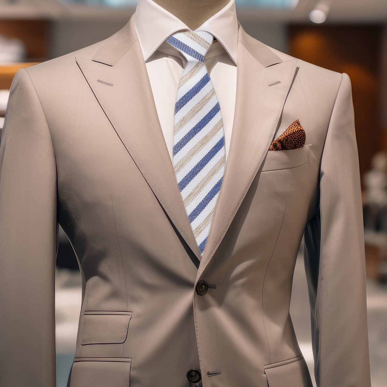 White Blue Brown Tie on Brown Suit