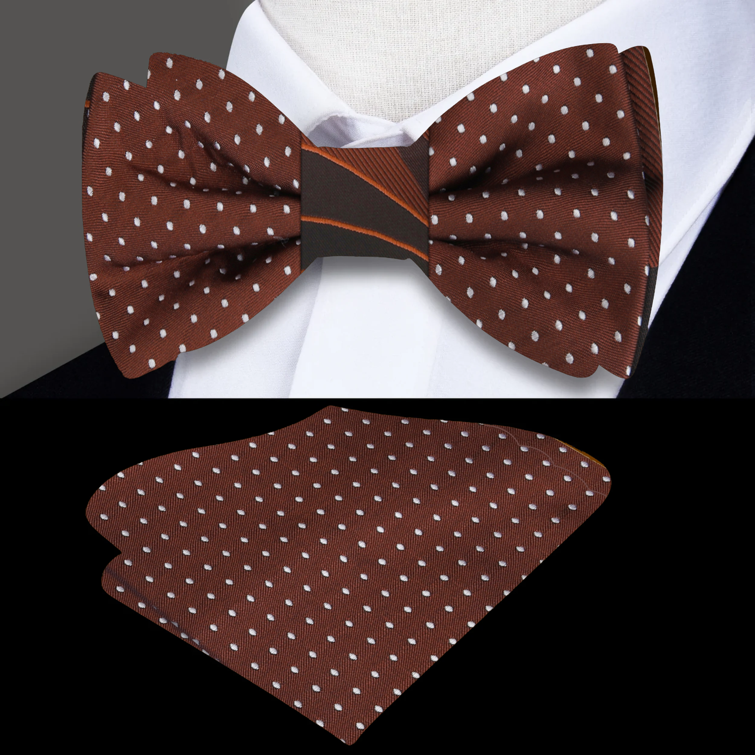 View 2: Brown Abstract/Polka Bow Tie and Brown Polka Square