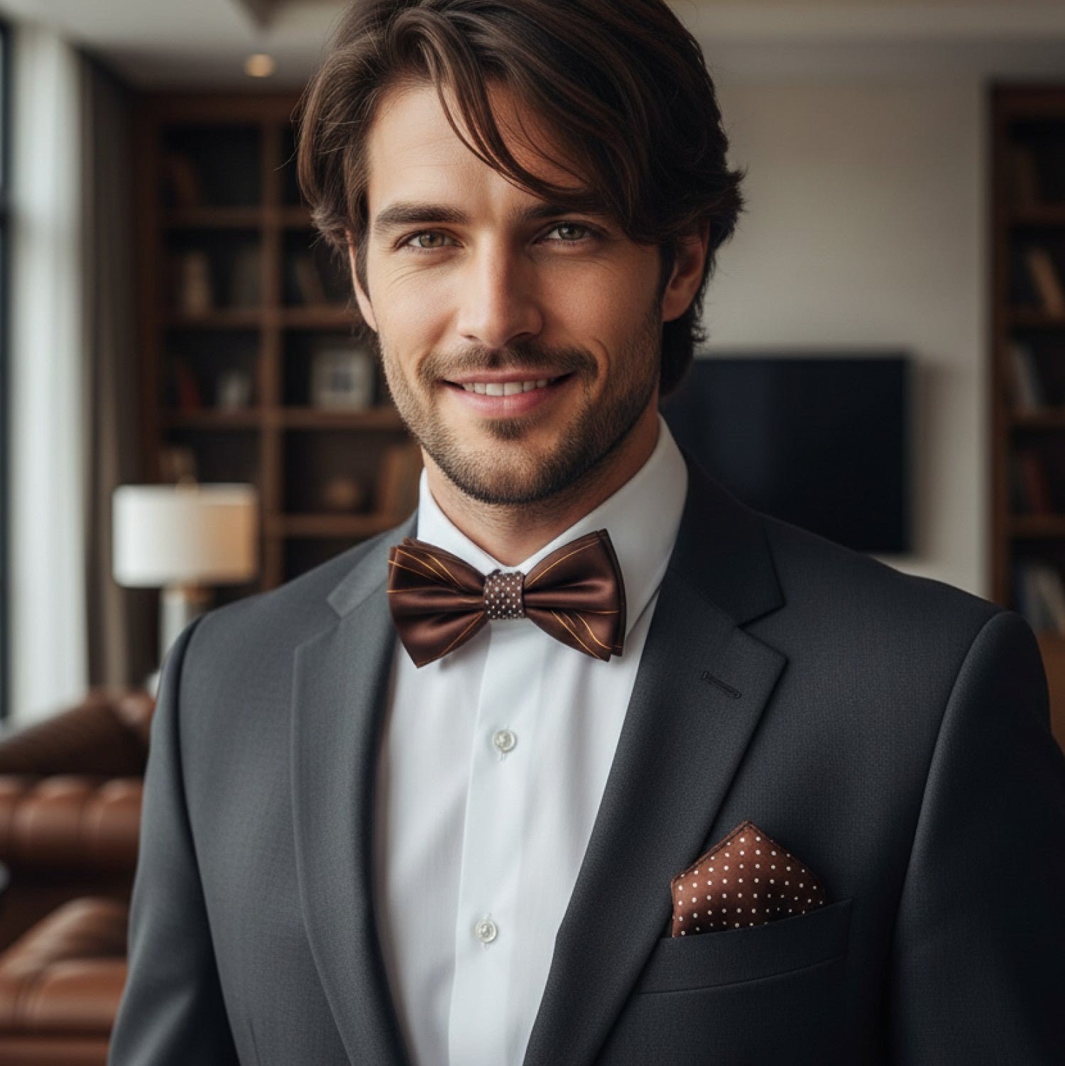 Man wearing a gray suit with a brown bow tie and pocket square in an indoor setting.