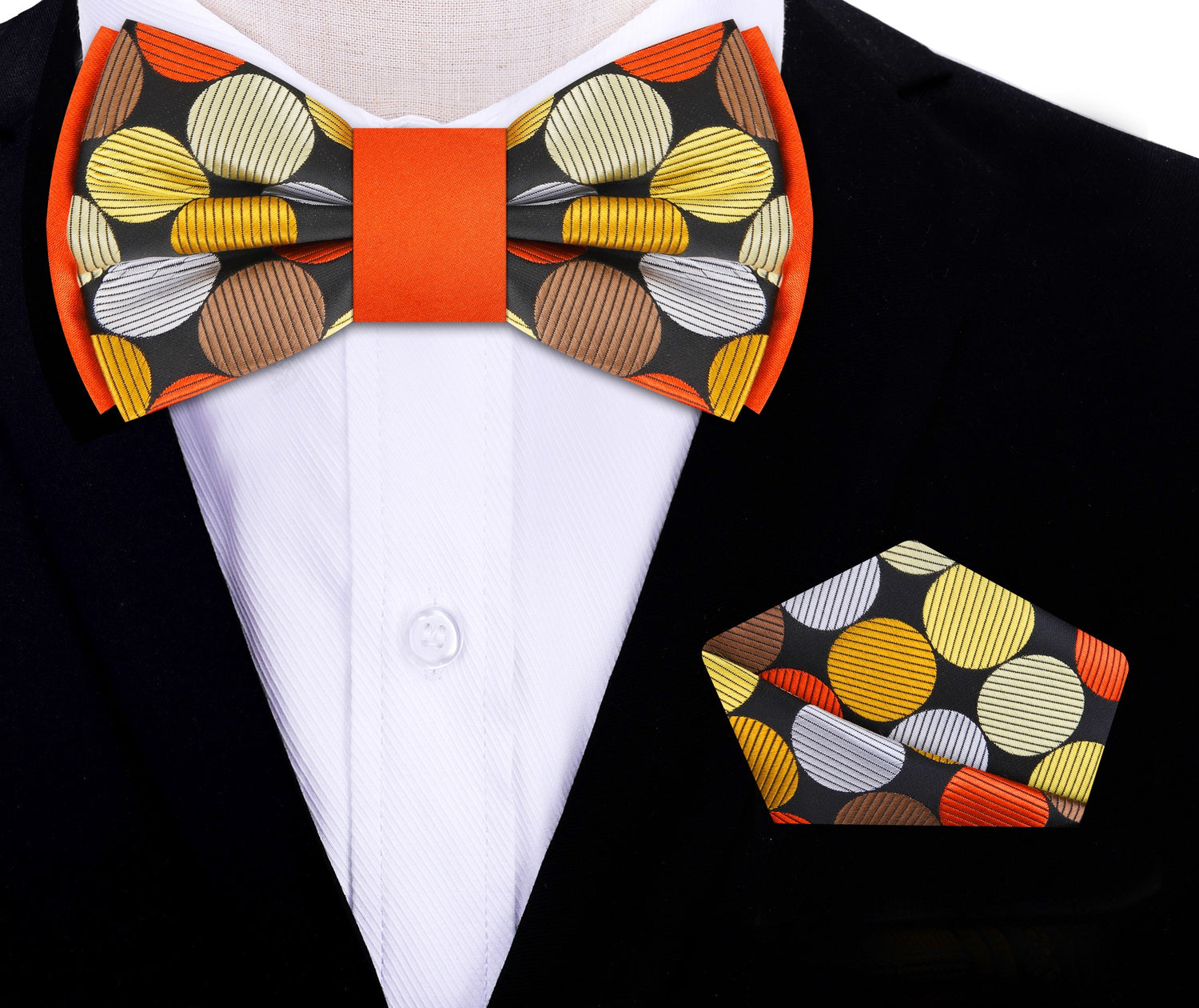 Orange, Brown, Gold, Polka Bow Tie and Square on Suit