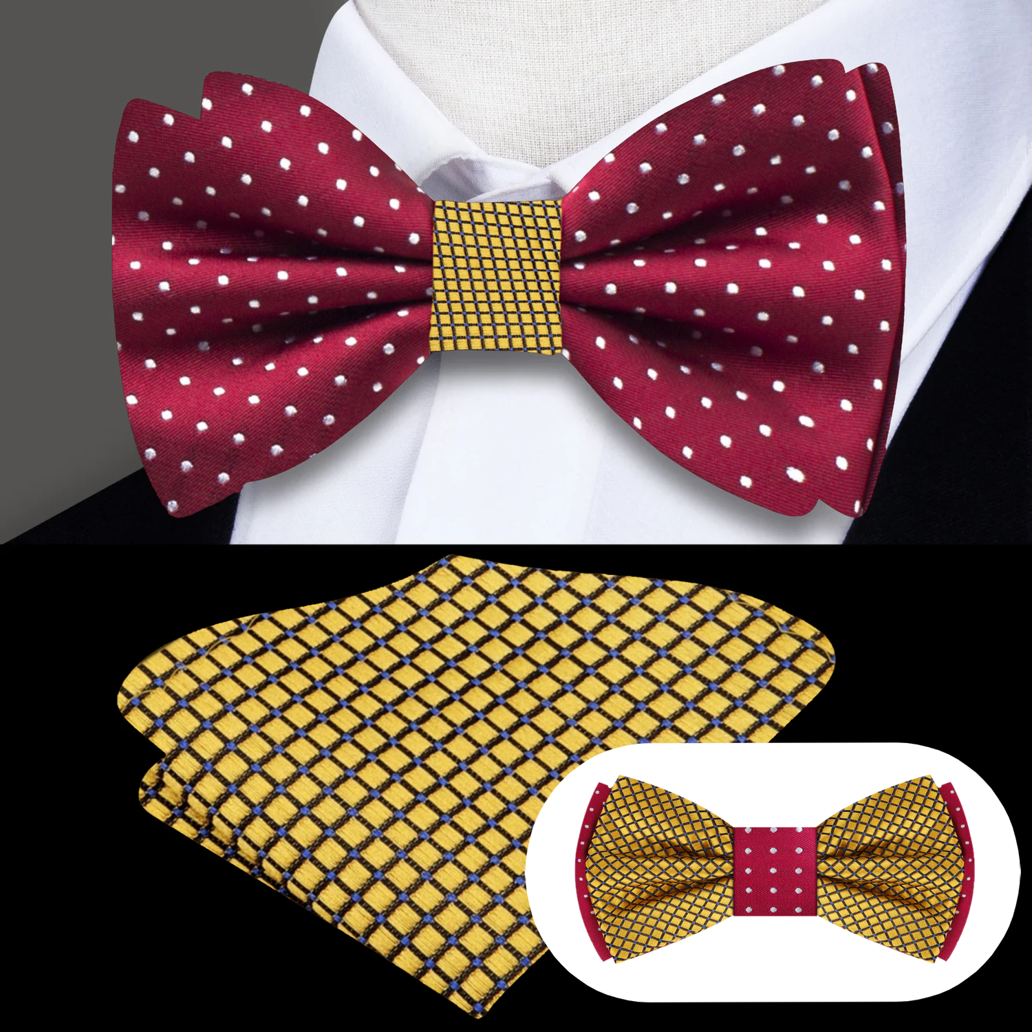 Both View: Cranberry Polka Bow Tie with Square