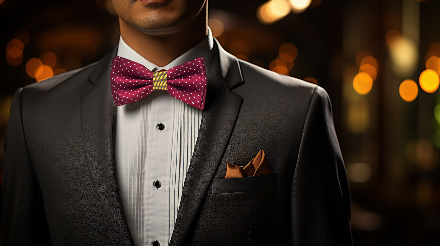 Man Wearing a Suit with Burgundy White Dot Bow Tie