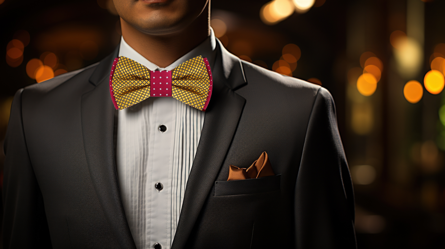 Man Wearing Suit with Gold, Burgundy Bow Tie