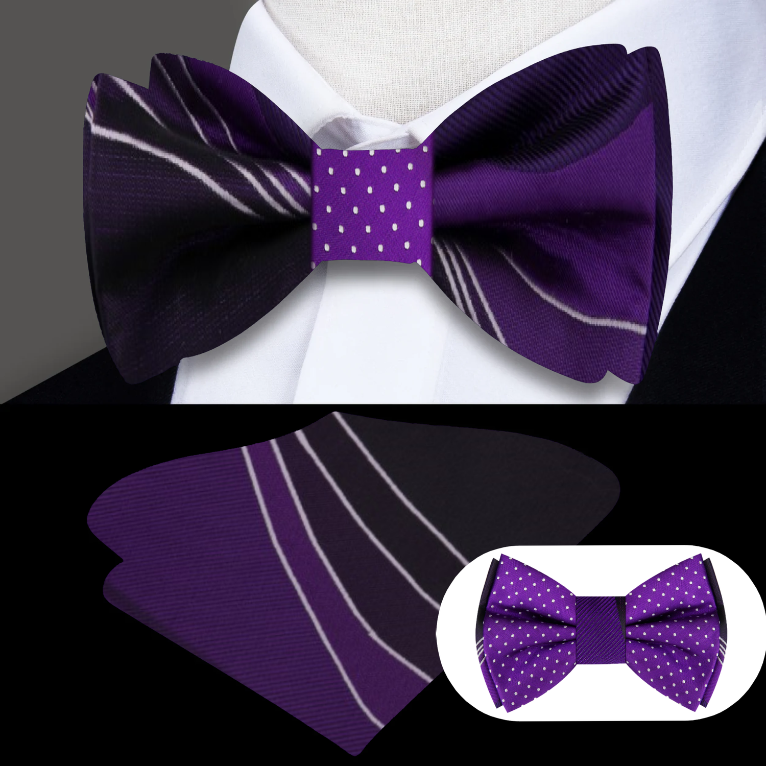 Nice View:  purple polka bow tie double sided with pocket square