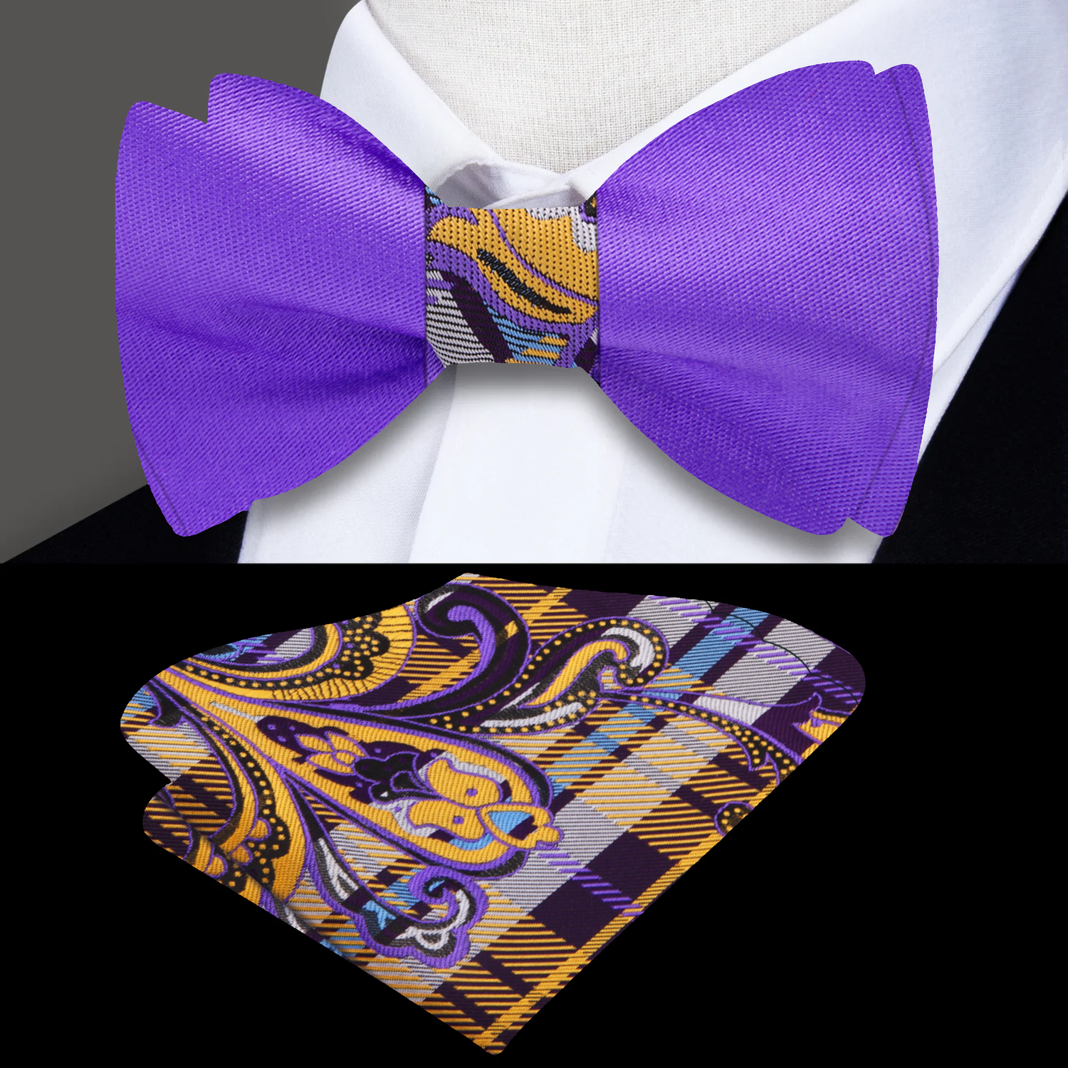 View 2: Purple, Yellow Gold, Paisley Bow Tie and Matching Square
