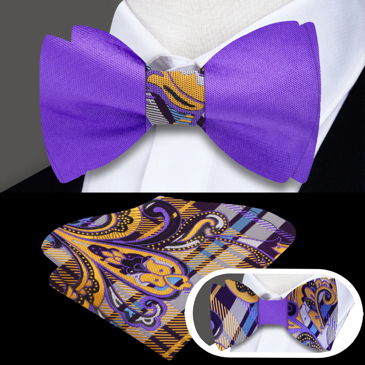 Purple, Yellow Gold, Paisley Bow Tie and Matching Square
