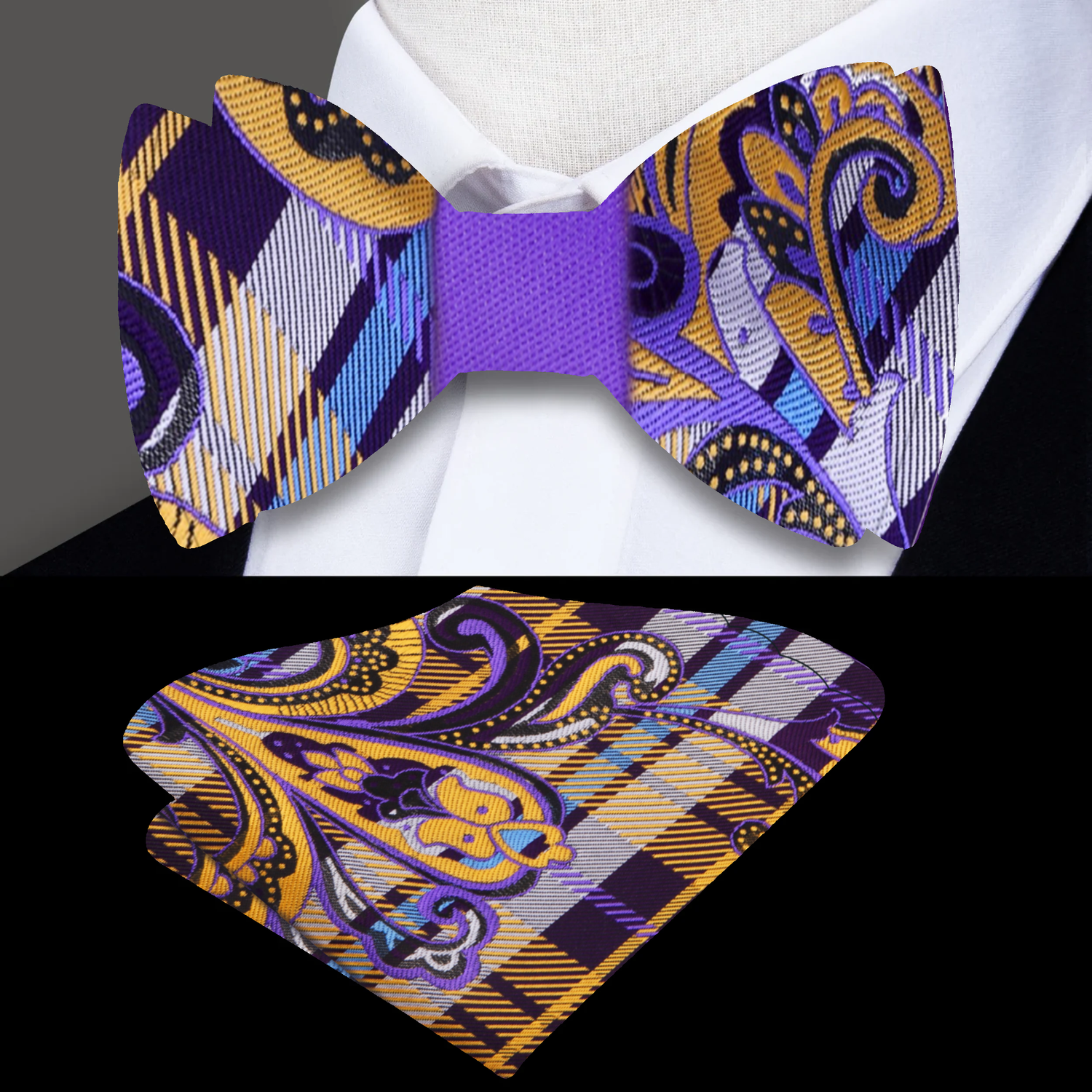 View 3: Purple, Yellow Gold, Paisley Bow Tie and Matching Square