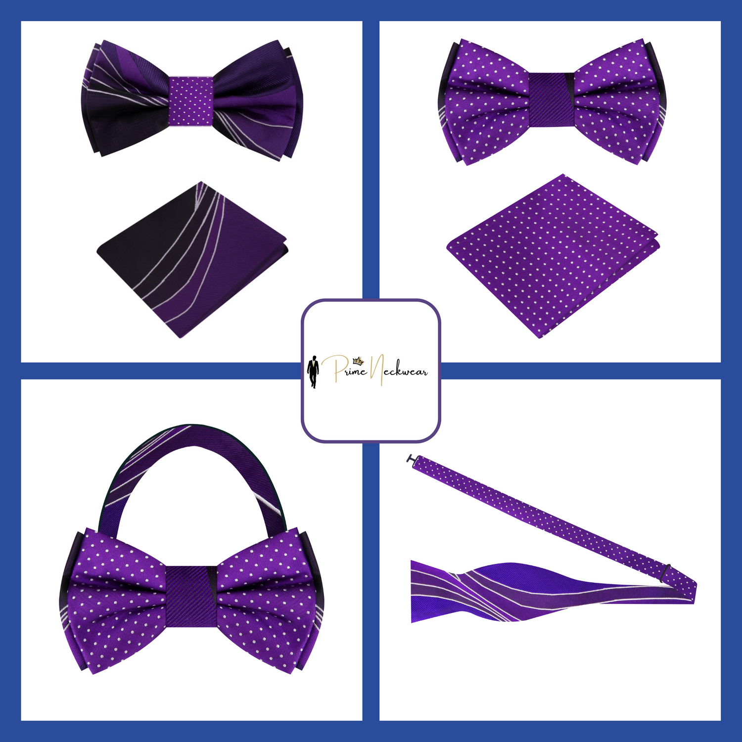A picture of the double sided purple bow tie in four views