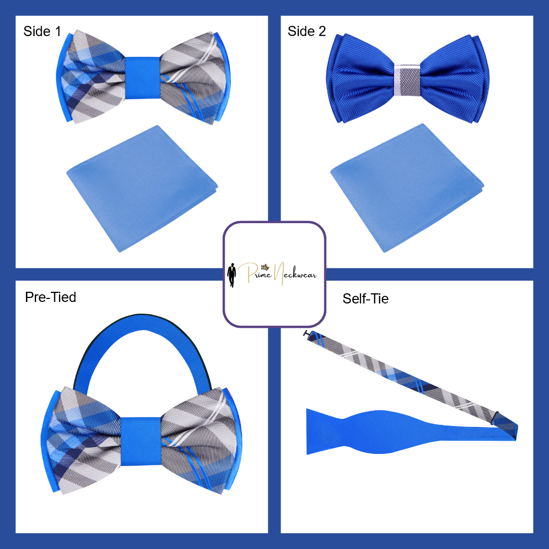 Grey Blue Plaid Bow Tie and Light Blue Square Shown In 4 Photos