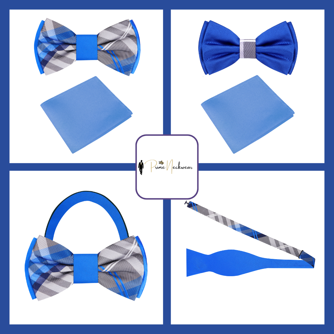 Grey Blue Plaid Bow Tie and Light Blue Square Shown In 4 Photos