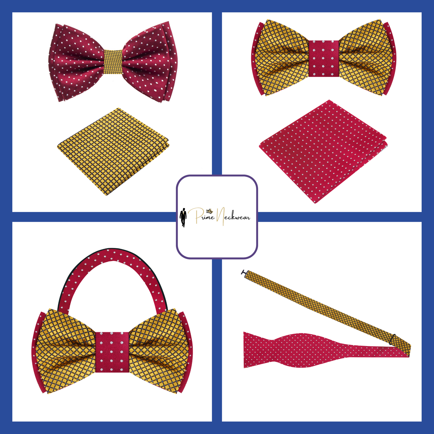 Double Sided Bow Tie Showing Both Sides of The Burgundy and White Dot or Gold Geometric Bow tie