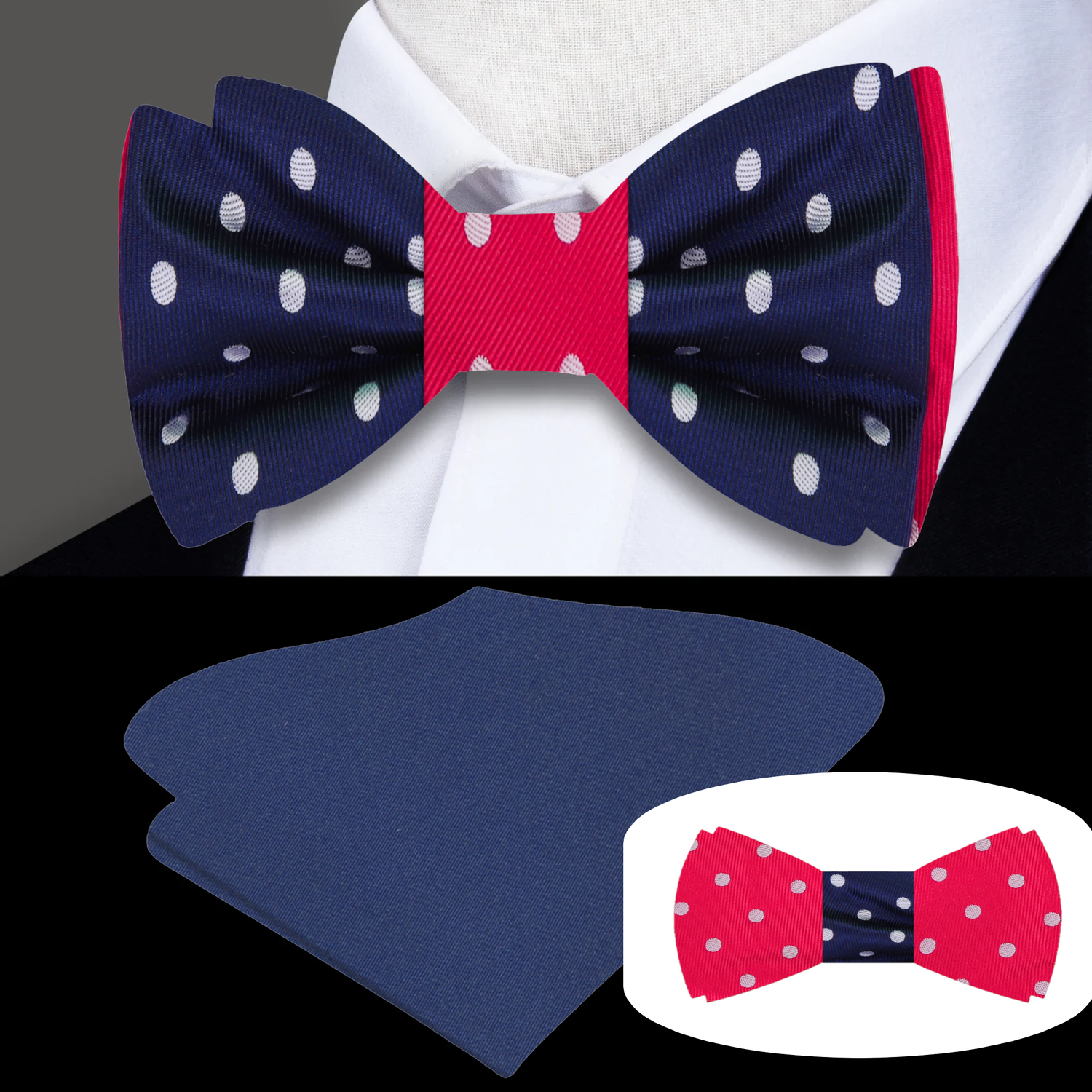Main: Double Sided Blue, Grey, Red Polka Dot Bow Tie and Blue Square