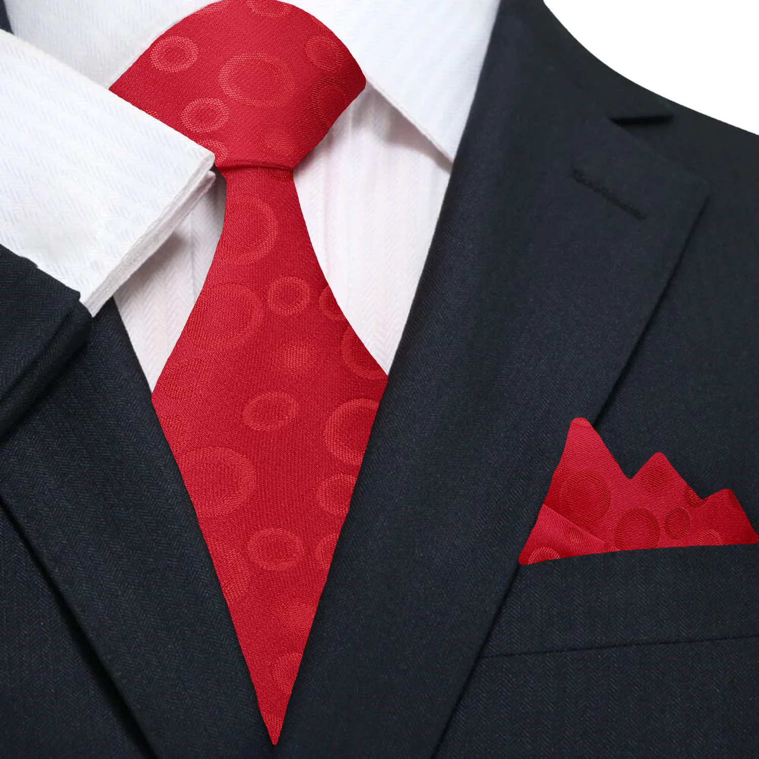 A Red Polka Dot Pattern Silk Necktie, Matching Pocket Square||Red