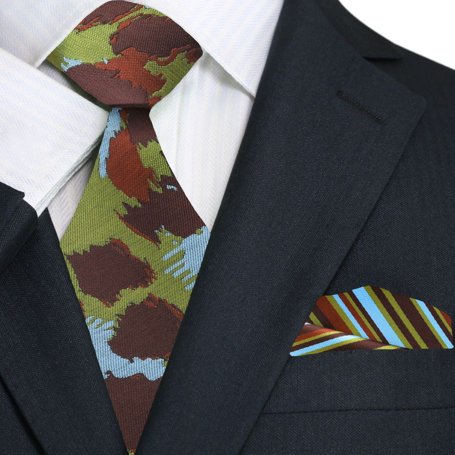 Premium Main View Brown Green Cheetah Tie and Square