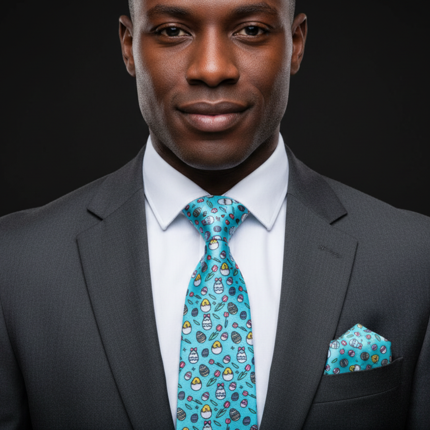 Man wearing a gray suit with a blue patterned tie and pocket square on a black background
