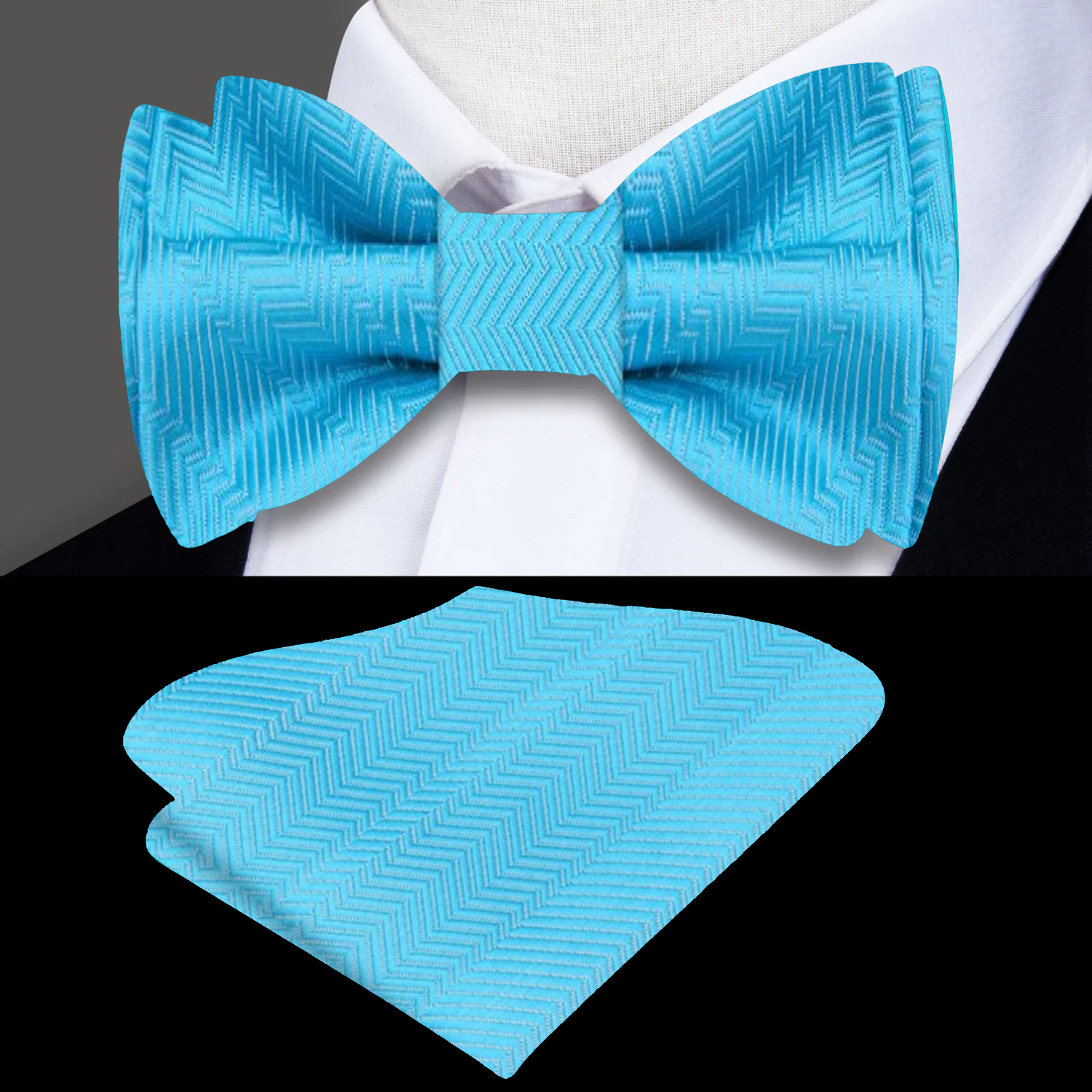 Main: A Solid Electric Blue Pattern Silk Self Tie Bow Tie, Matching Pocket Square||Electric Blue