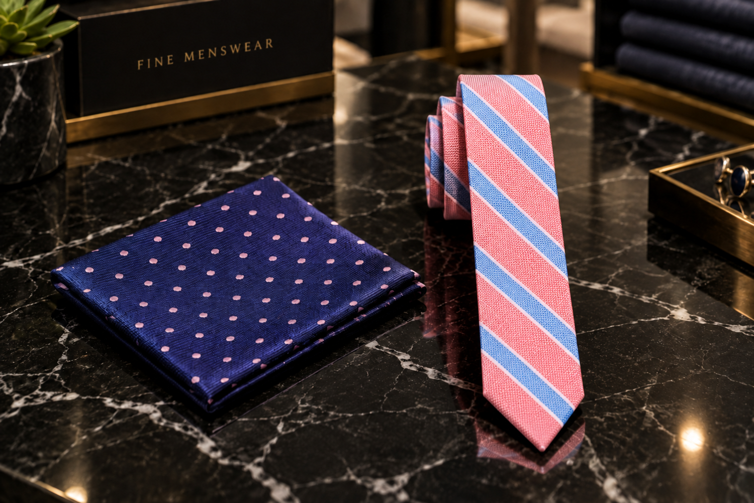 thin Salmon Blue Stripe Tie and accenting square