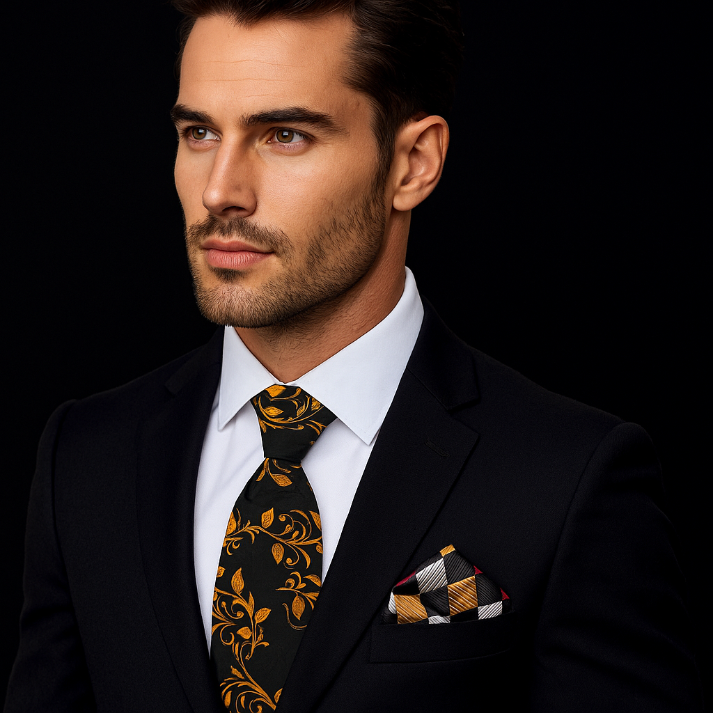 Man wearing a black suit with a patterned tie and pocket square on a dark background