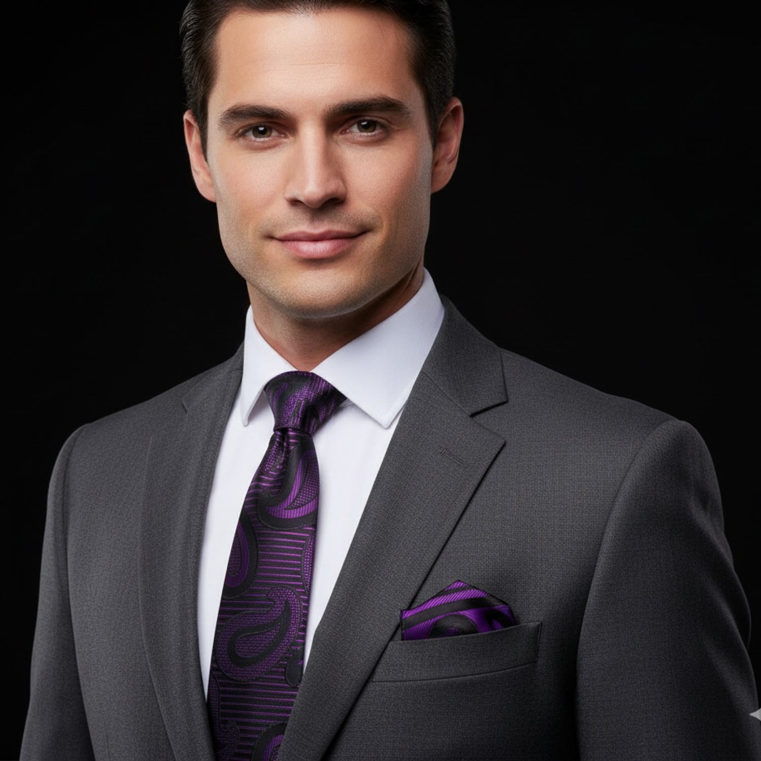 Man wearing a gray suit with a purple tie and pocket square on a black background