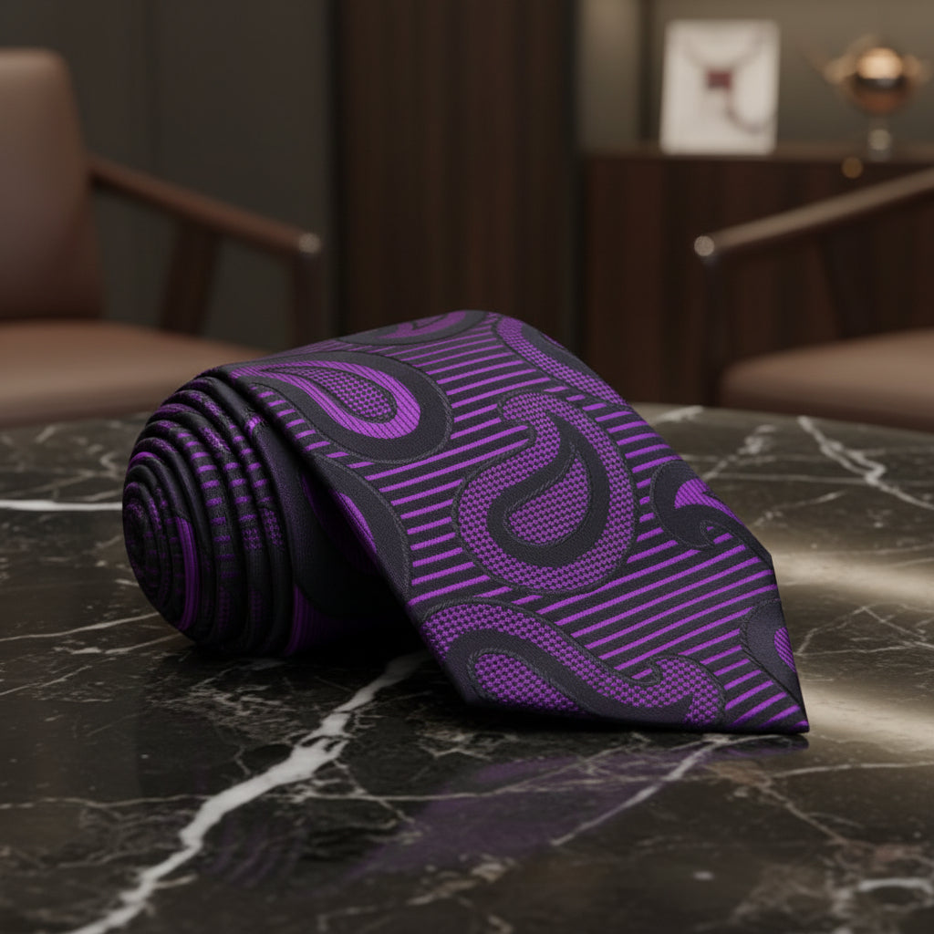 Purple & Black Paisley Necktie | Bold Pattern with Modern Depth