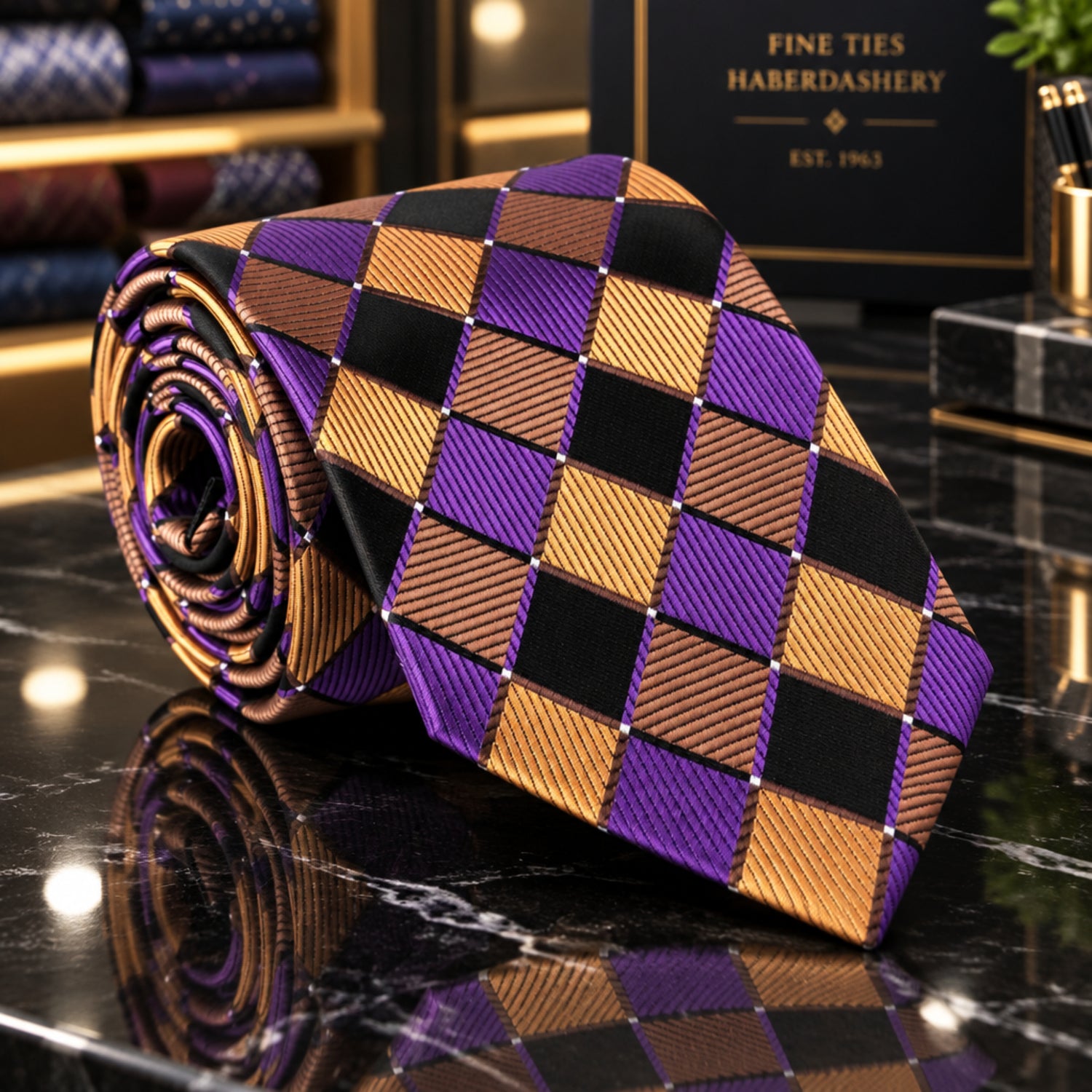 Gold, Purple & Brown Geometric Diamond Necktie | Luxurious Color, Modern Structure