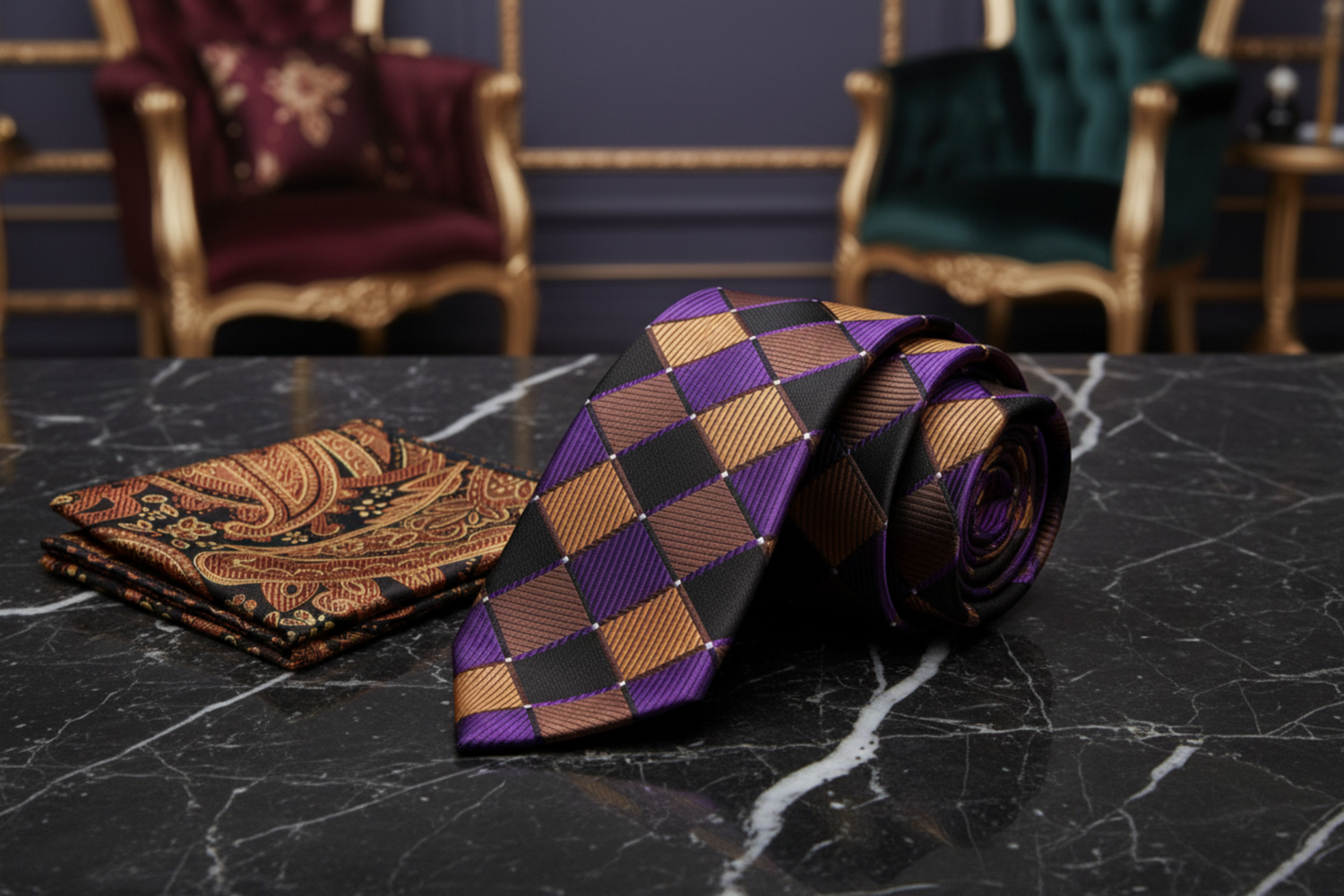 Gold, Purple & Brown Geometric Diamond Necktie | Luxurious Color, Modern Structure