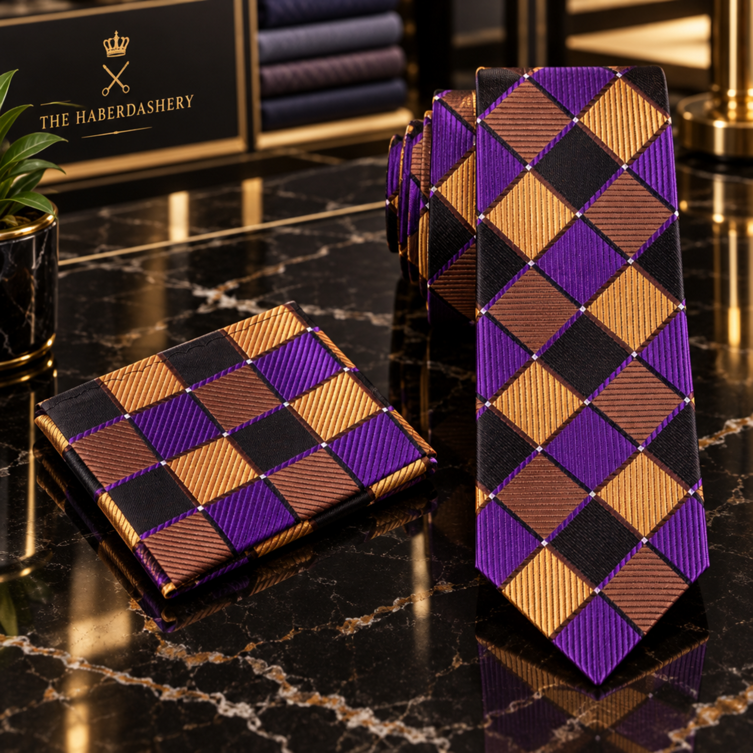 Gold, Purple & Brown Geometric Diamond Necktie | Luxurious Color, Modern Structure