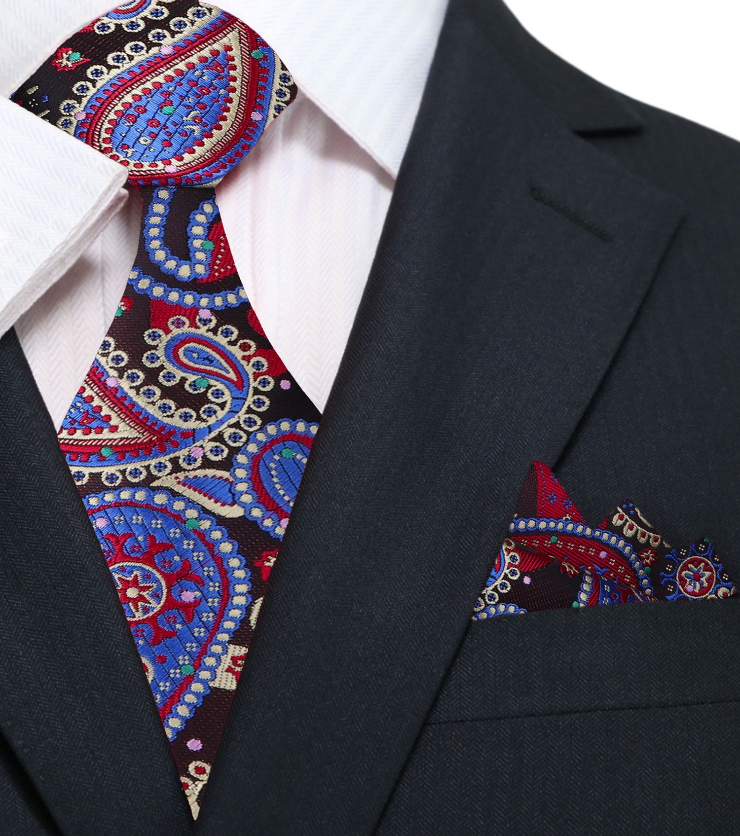  Red, Blue, Cream Paisley Pattern Silk Necktie, Matching Pocket Square