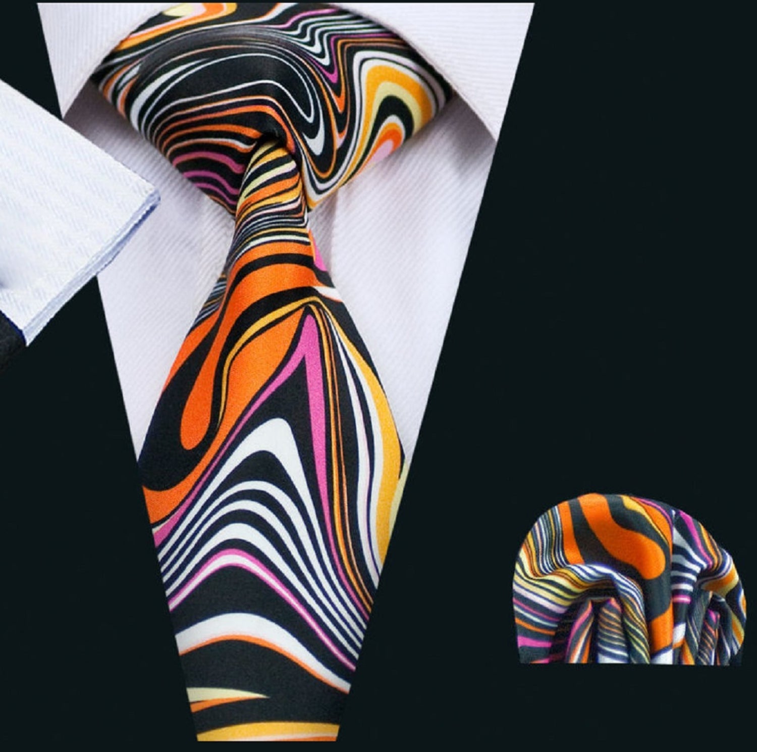 Main View: Black, Orange, Pink Abstract Tie and Pocket