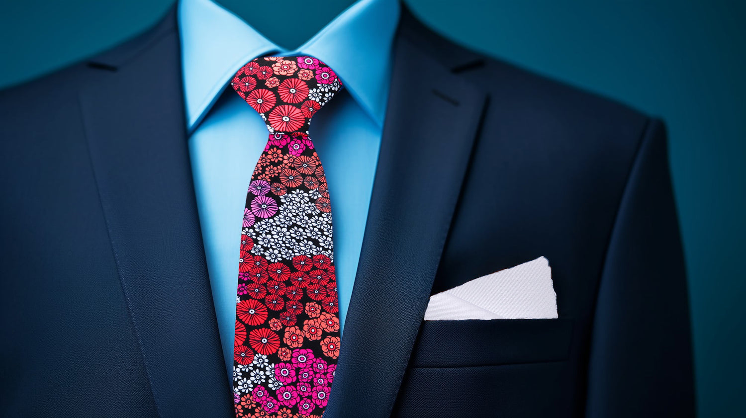 Blue Suit White Square View: Red Pink Orange and White Mixed Flowers Tie