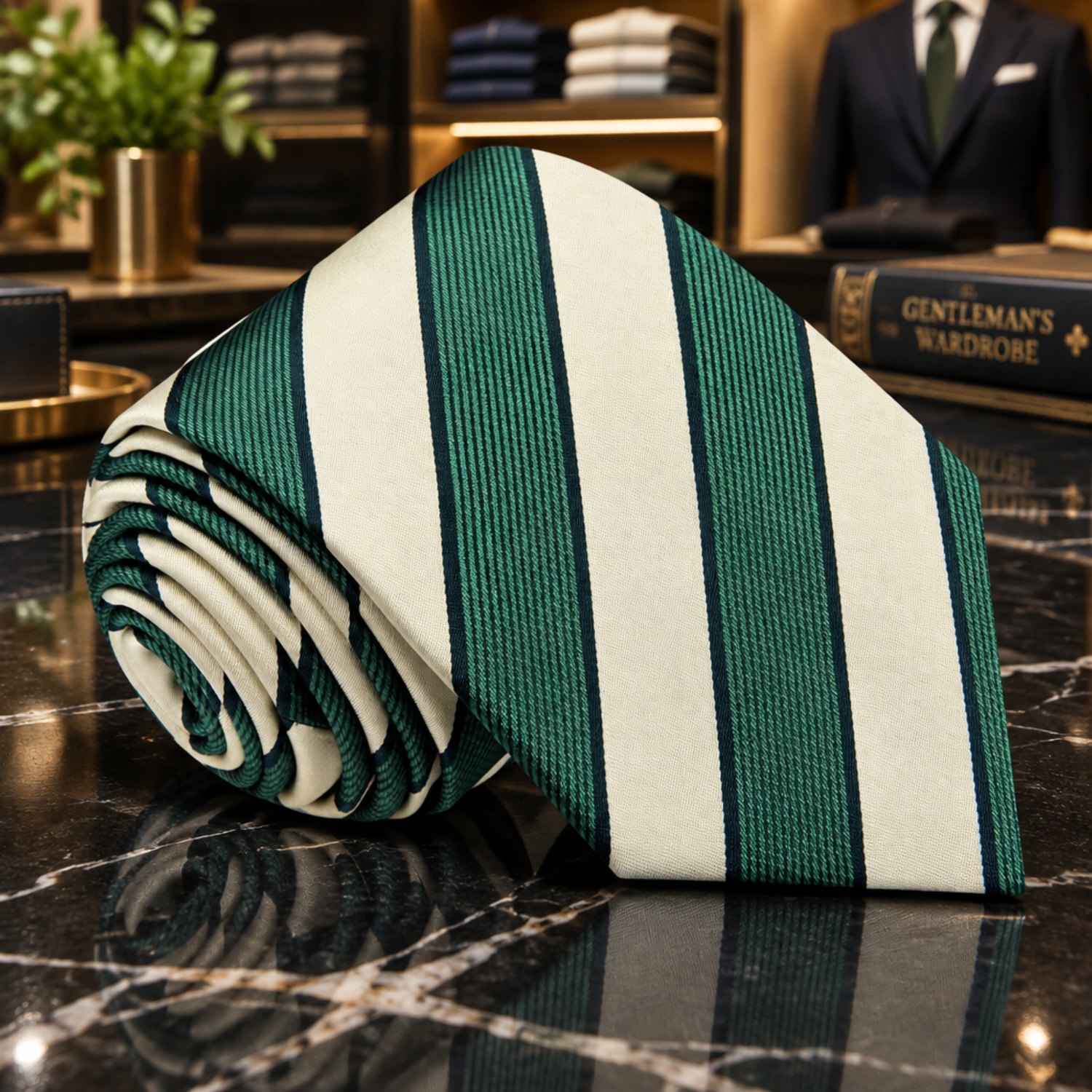 Forest Green and Ivory Stripe Necktie