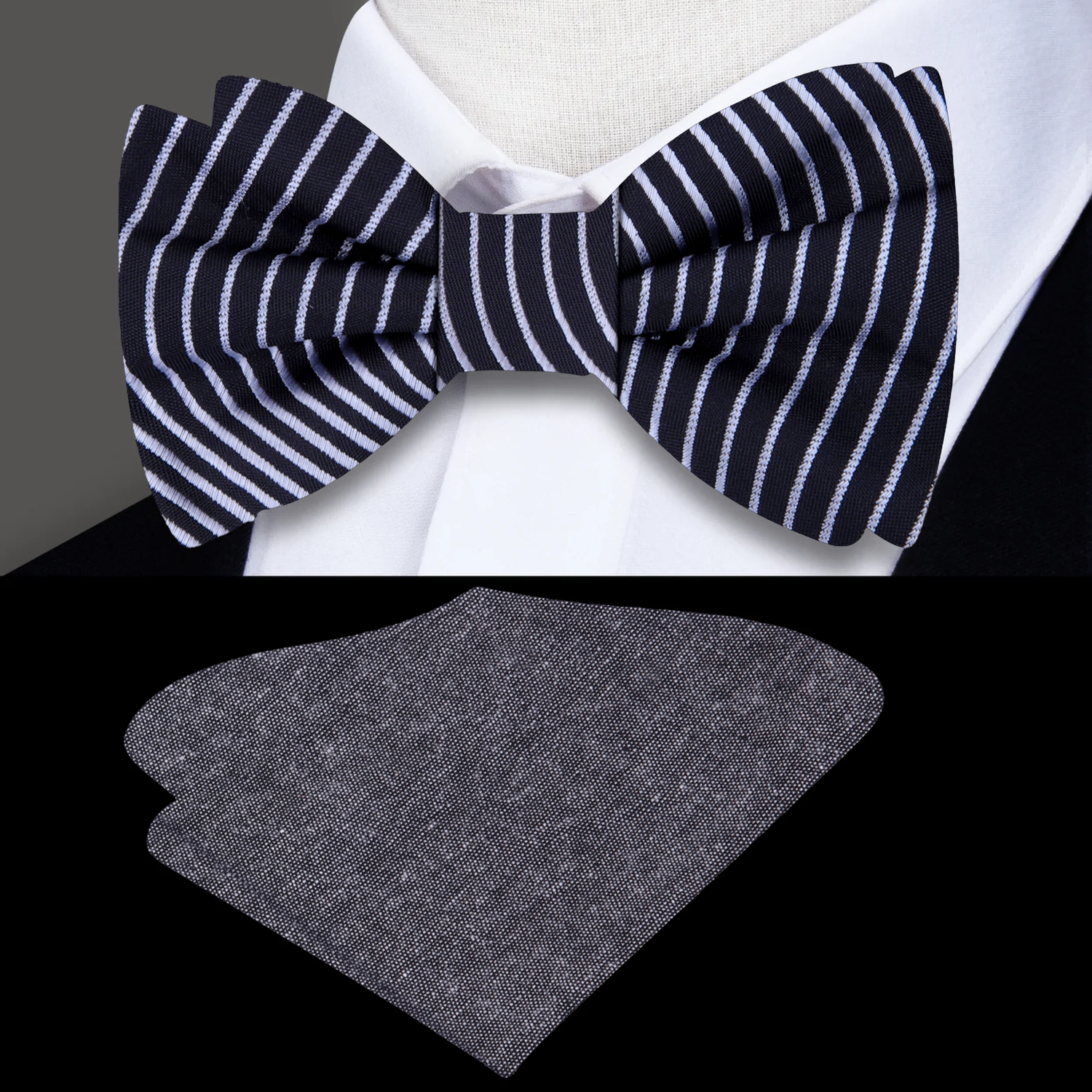 Black, Light Grey Abstract Waves Bow Tie and Accenting Pocket Square