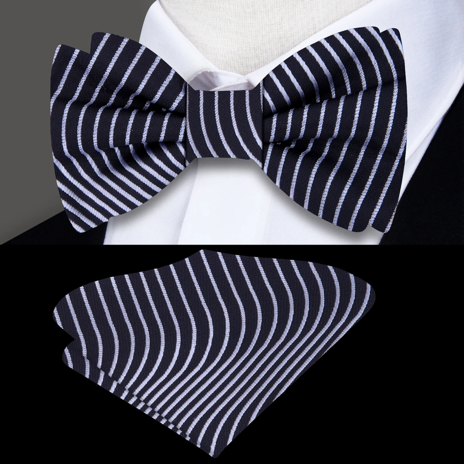 Black, Light Grey Abstract Waves Bow Tie and Pocket Square