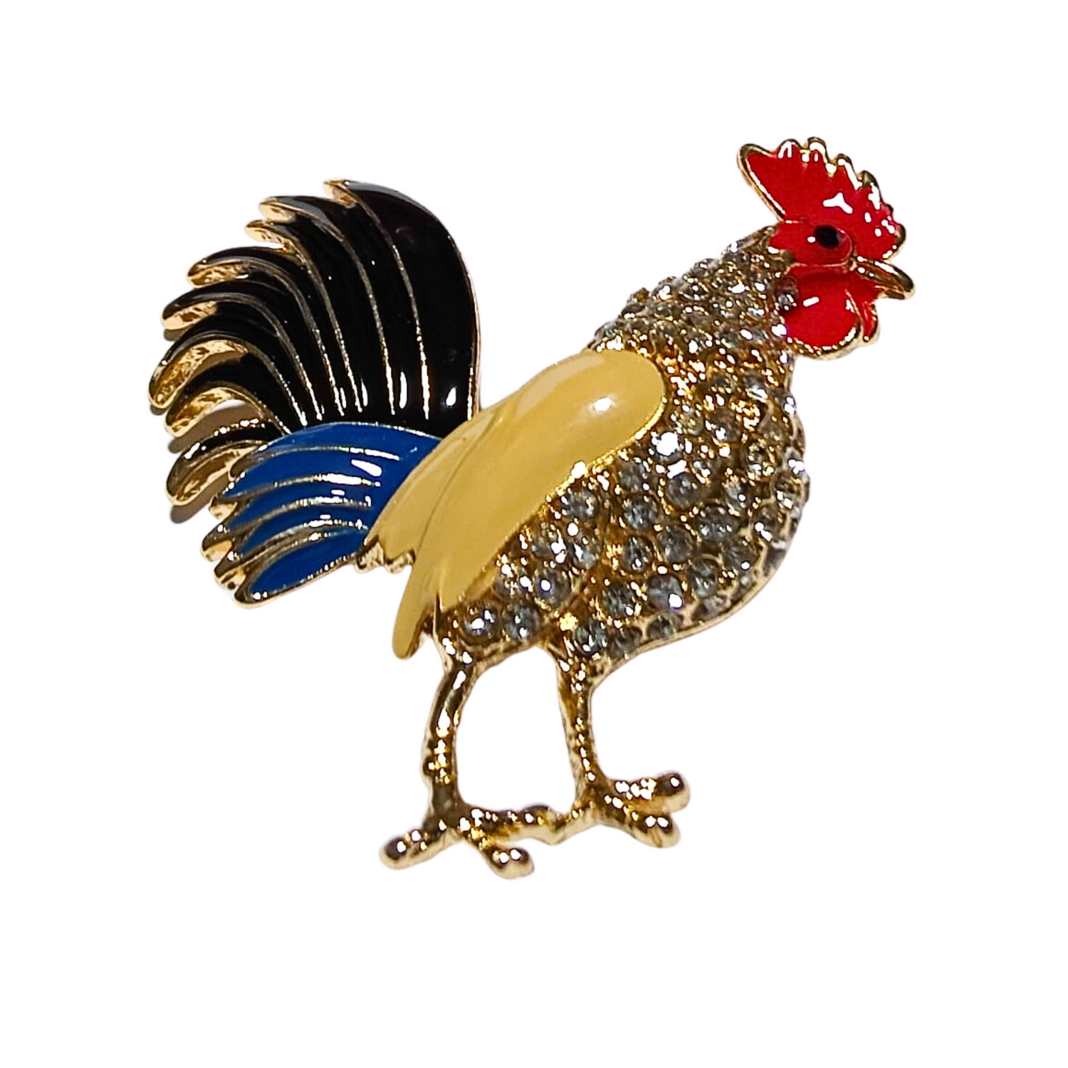 Blue, Red, Yellow and Black Gemstone Rooster Lapel Pin