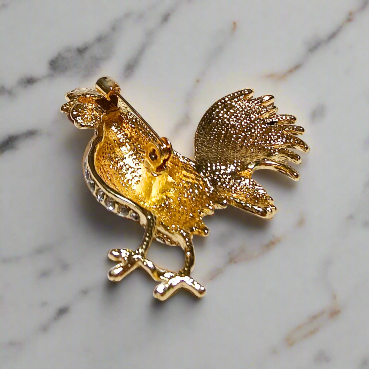 Back: Blue, Red, Yellow and Black Gemstone Rooster Lapel Pin