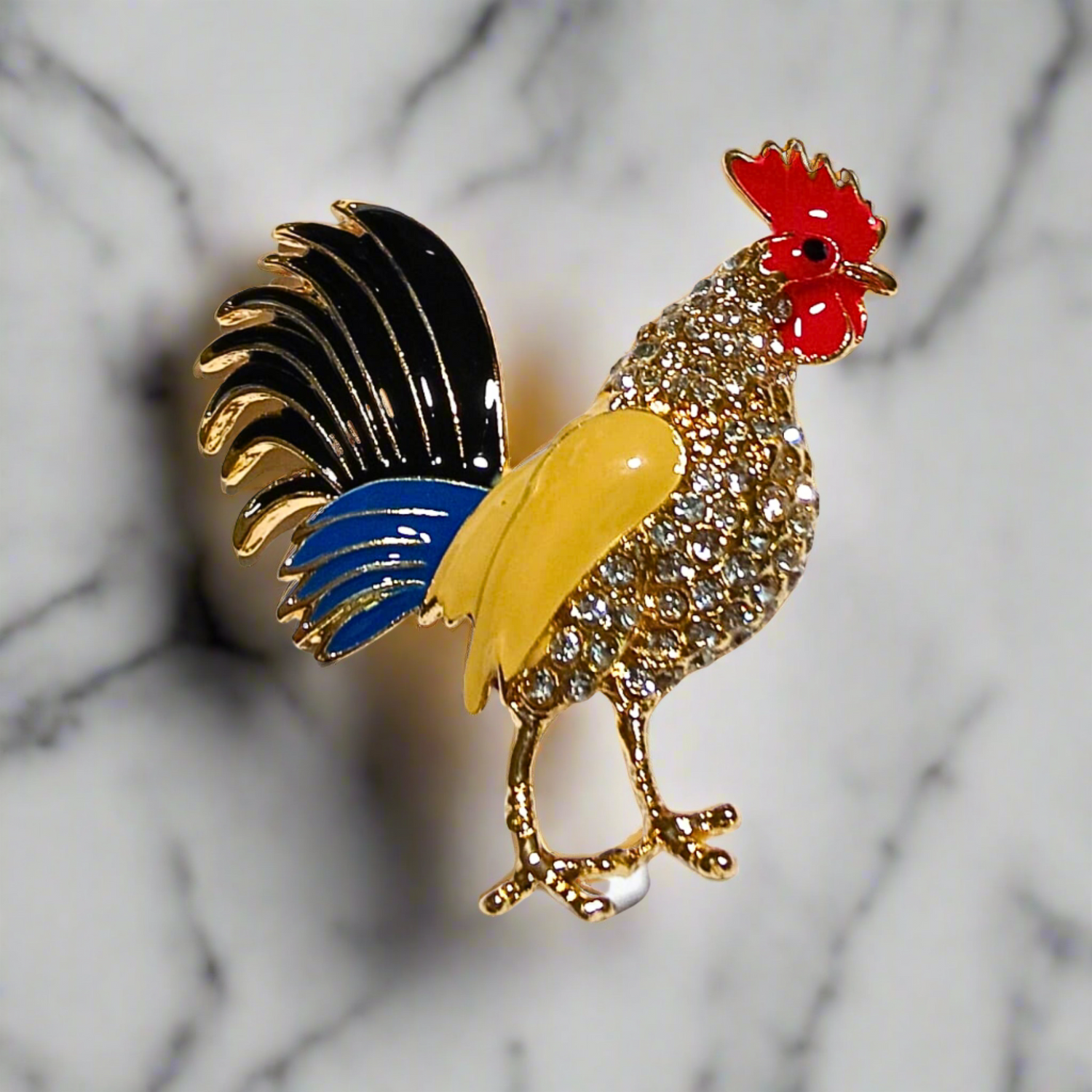 Alt View: Blue, Red, Yellow and Black Gemstone Rooster Lapel Pin