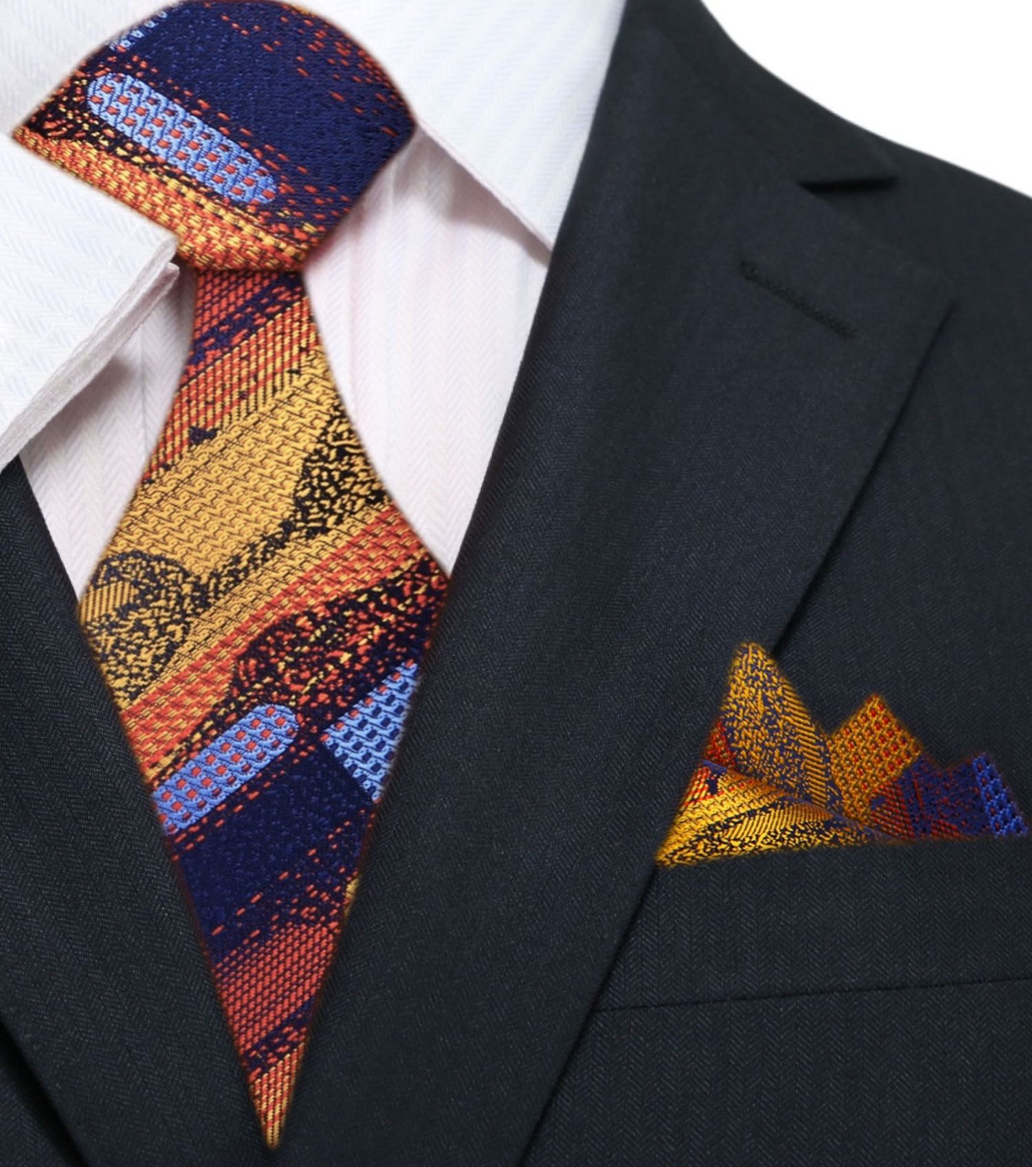 Main: Orange, Blue Abstract Tie and Matching Square
