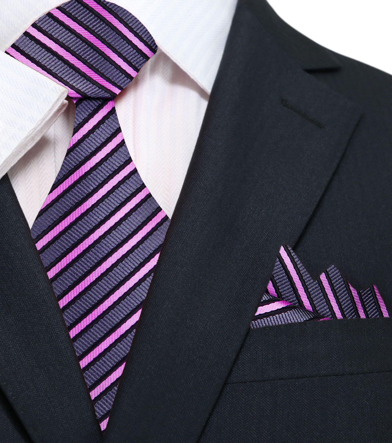 A Grey, Pink Stripe Pattern Silk Necktie, Matching Pocket Square ||Dark Grey, Pink