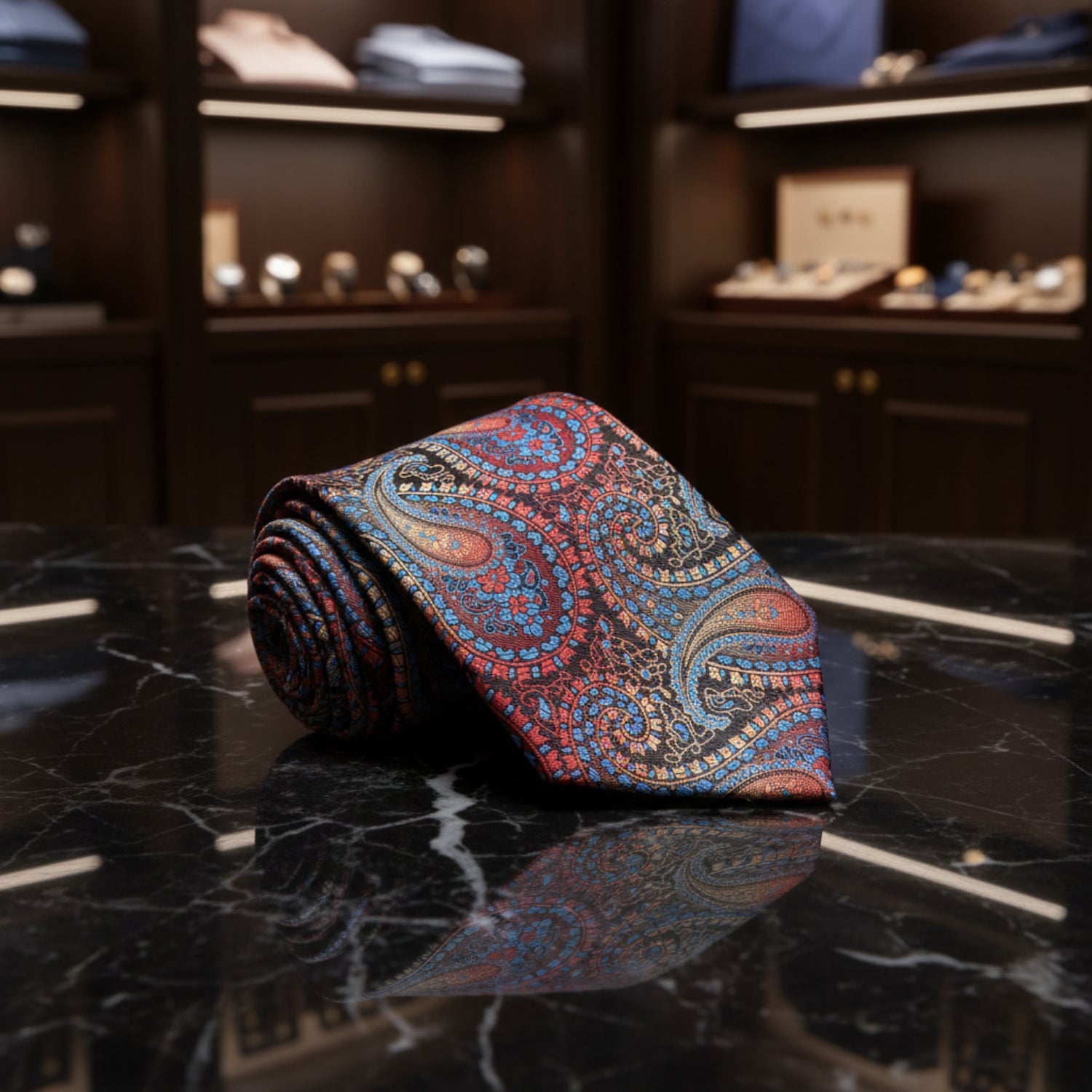 A rolled necktie featuring a detailed paisley pattern in blue, orange, beige, and black on a white background.