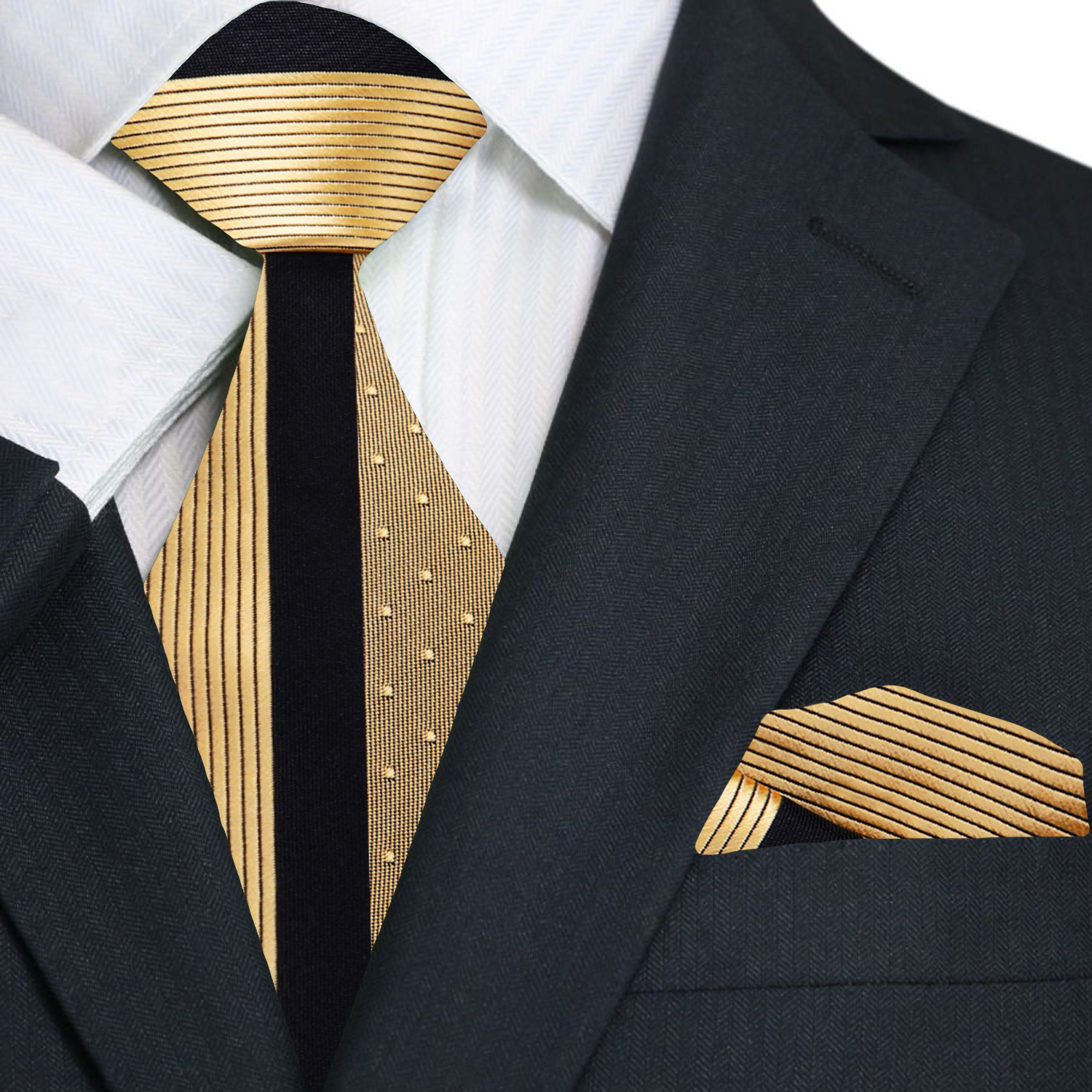 Black suit with gold striped tie and pocket square on a white background