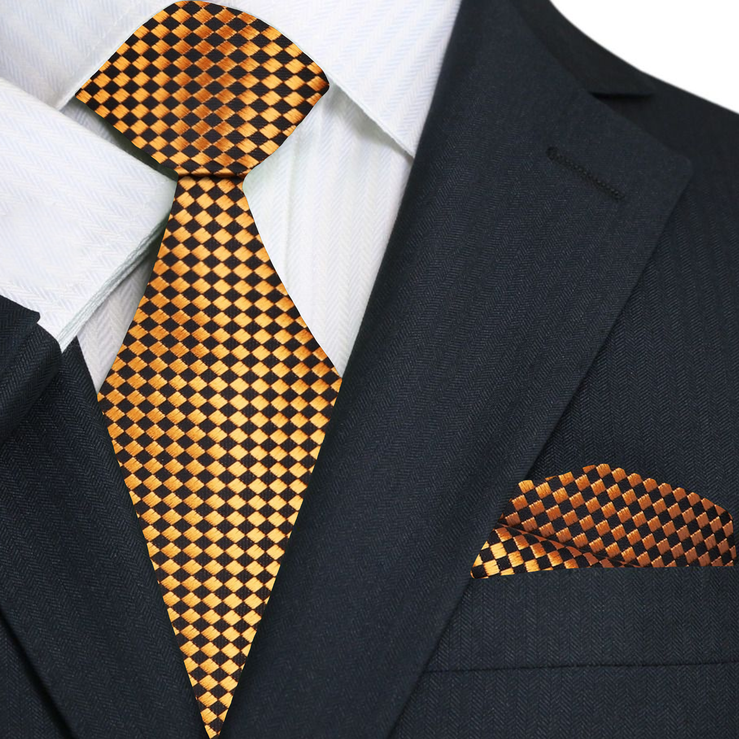 Premium A Gold, Black Check Pattern Silk Necktie, Matching Pocket Square