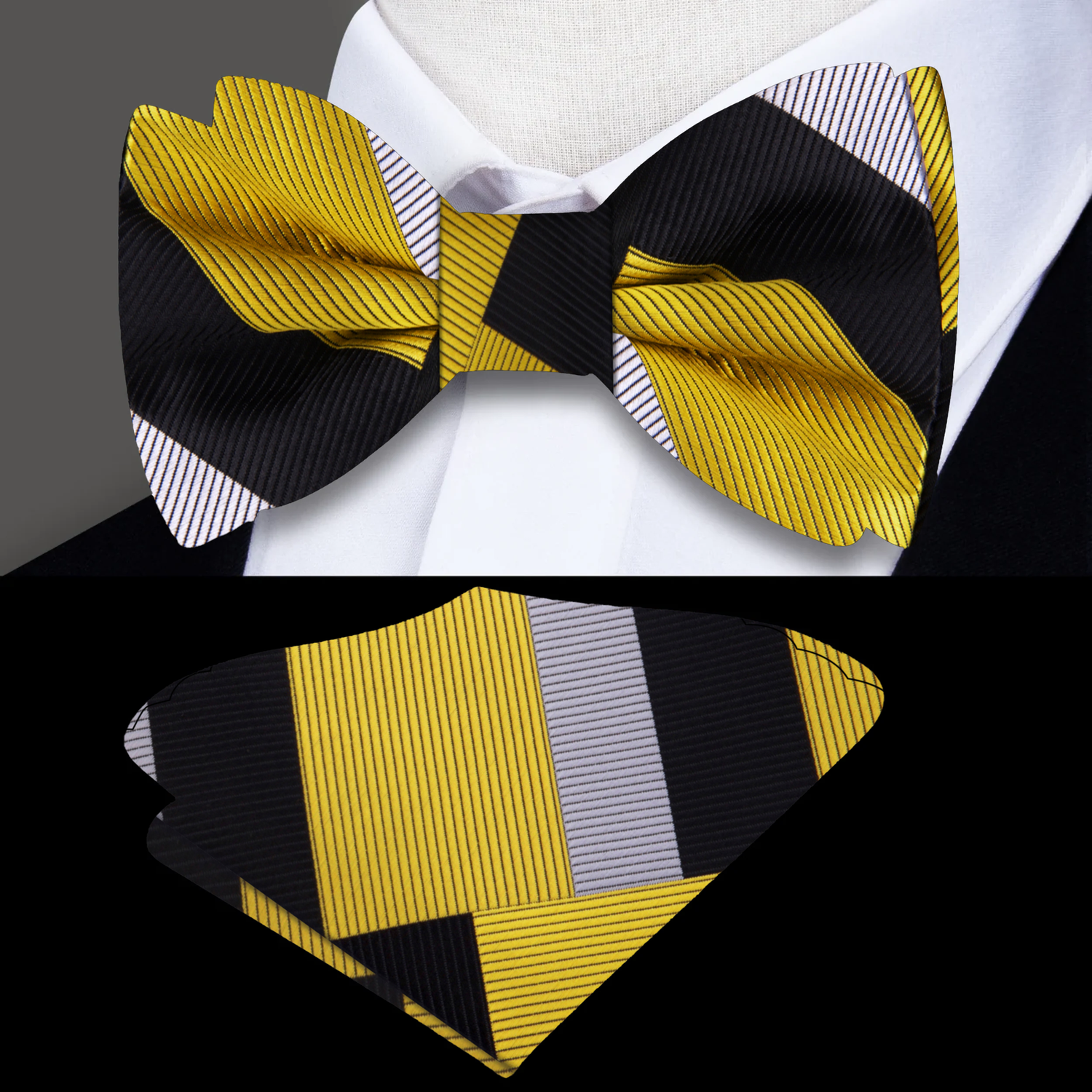 Gold Black Abstract Bow Tie and Pocket Square