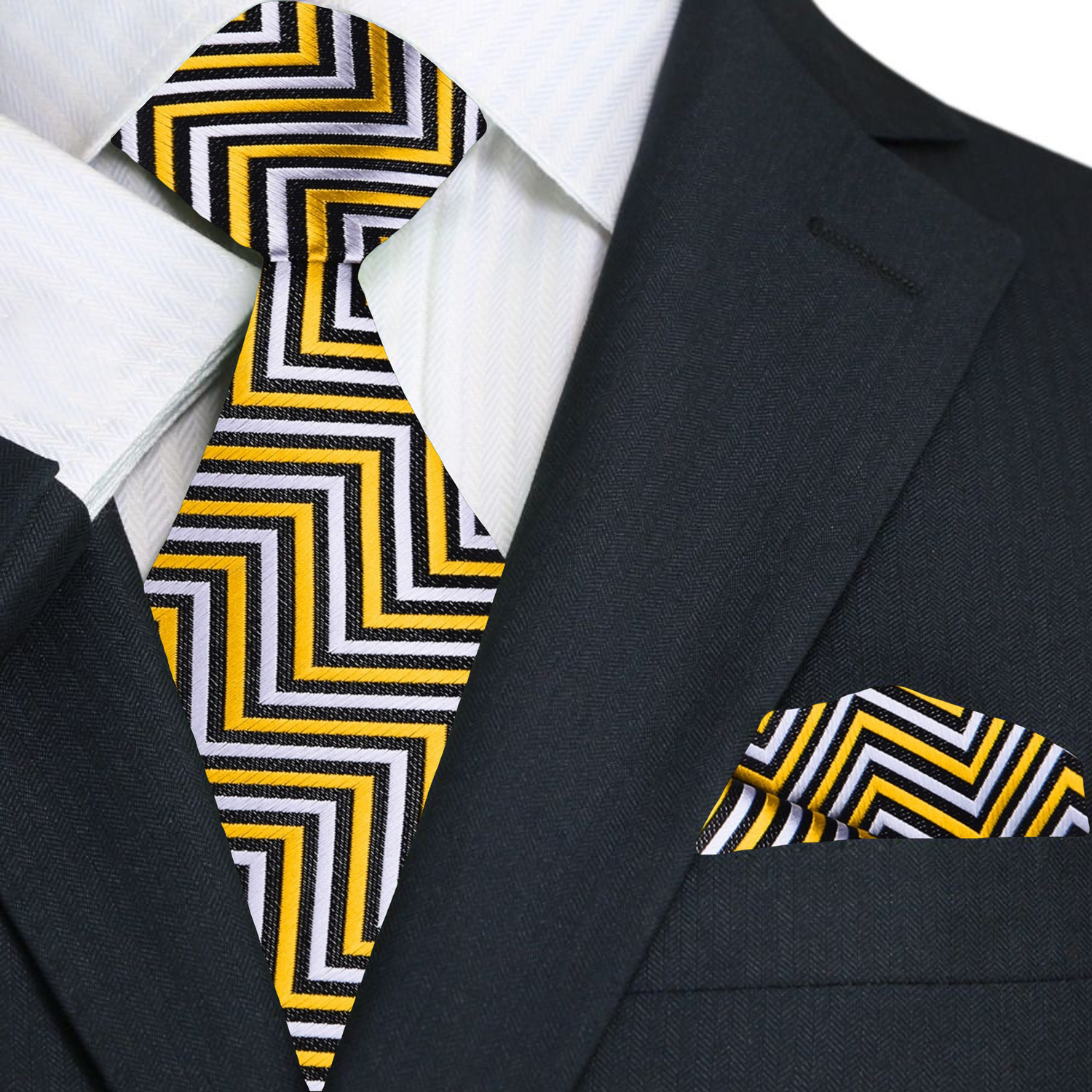 Premium A Yellow, Black, White Geometric Pattern Silk Necktie With Matching Pocket Square