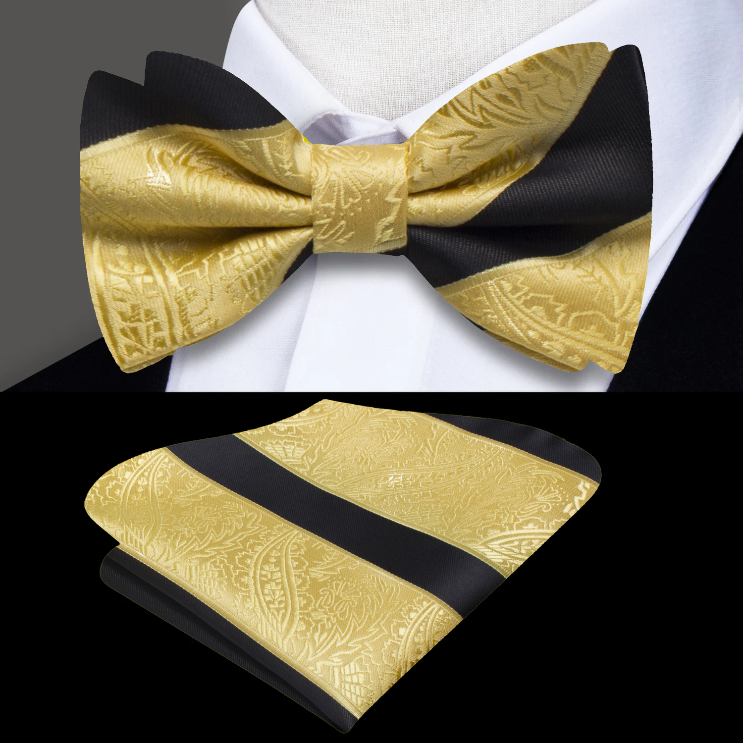 Gold Black Paisley Bow Tie and Pocket Square Main View